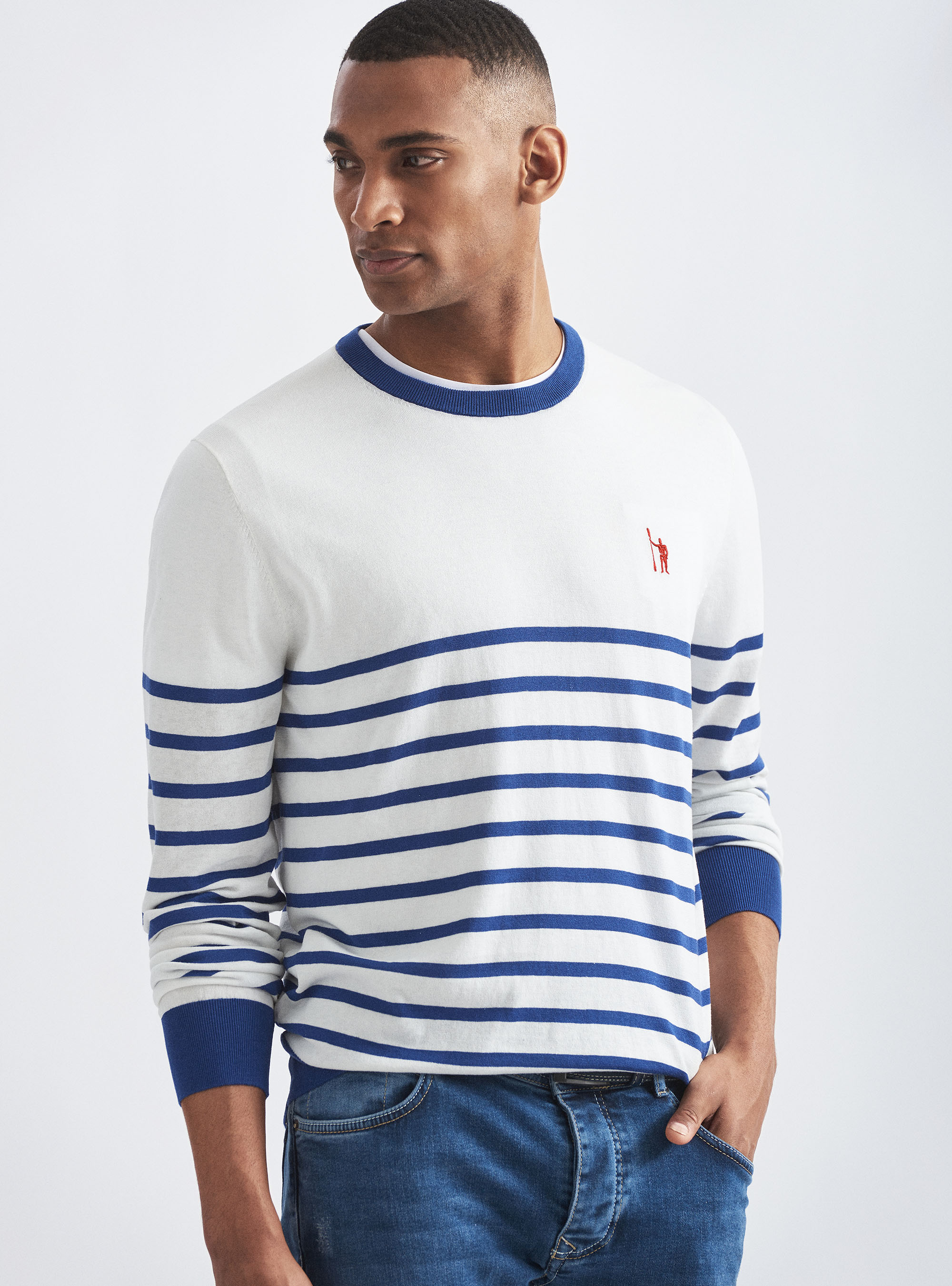 Jersey de seda y algod&oacute;n a rayas con cuello redondo, BLANCO