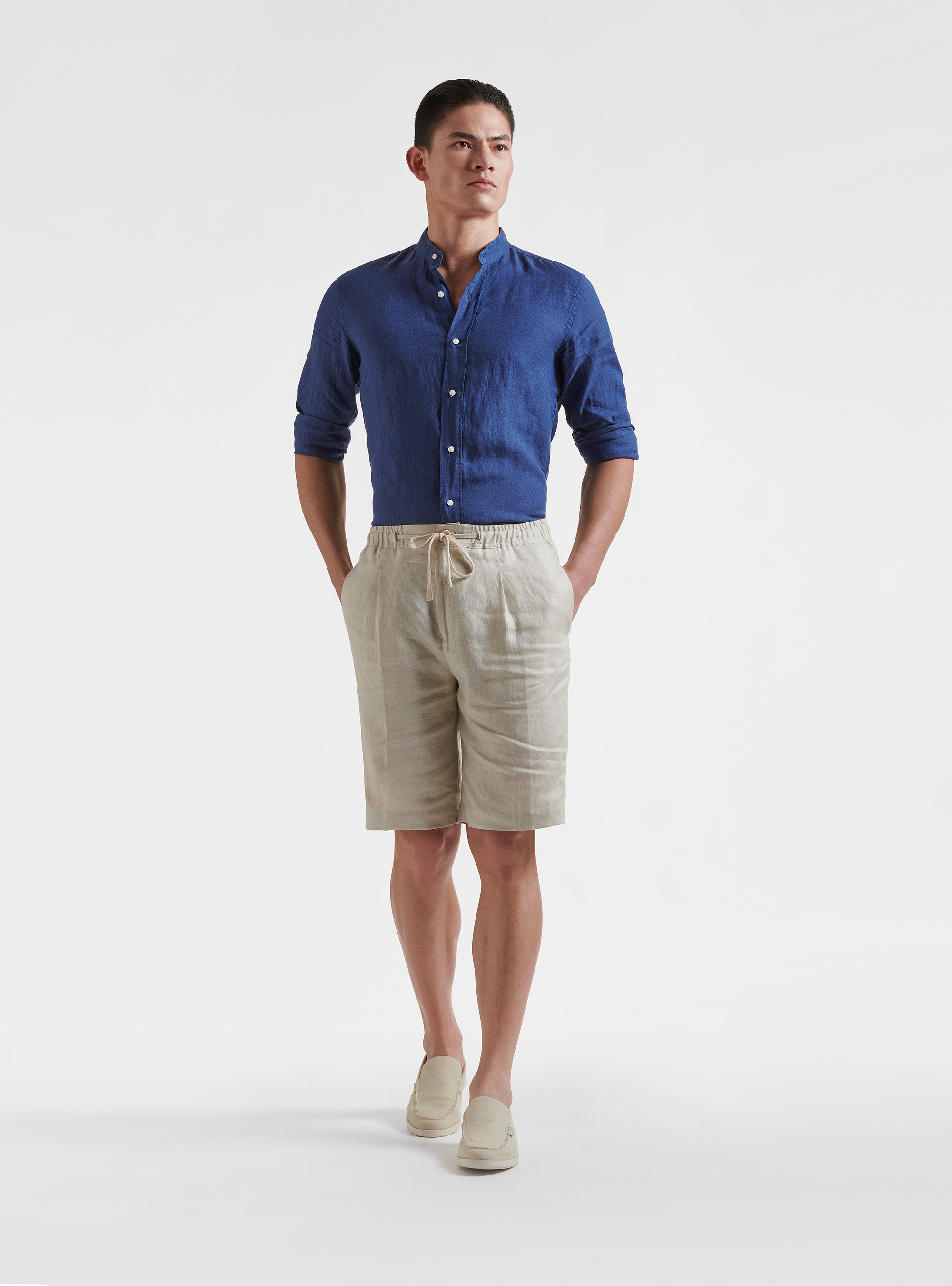 Camisa de cuello coreano en puro lino, 0243C DENIM