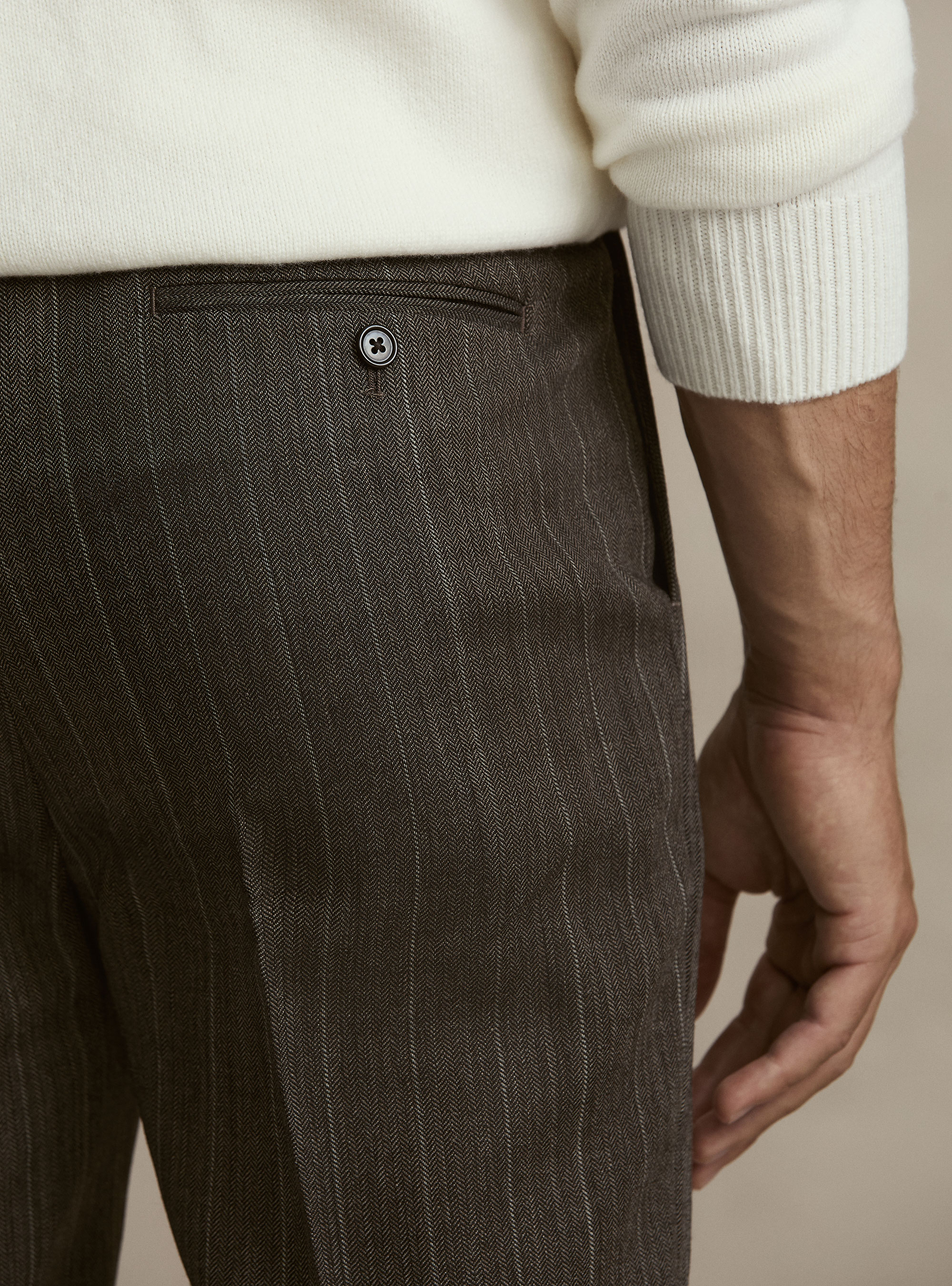 Herringbone pure wool pleated trousers, BROWN
