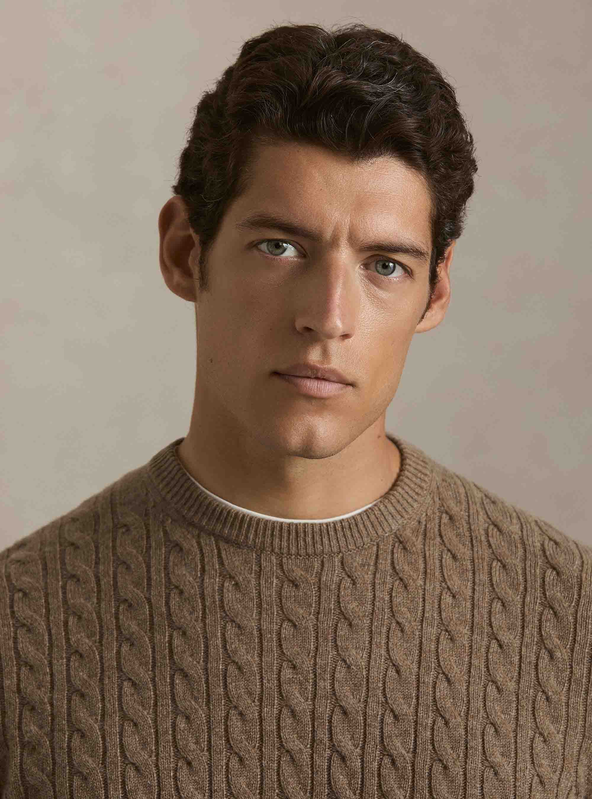 Girocollo in maglia con treccia in lana cashmere, FANGO