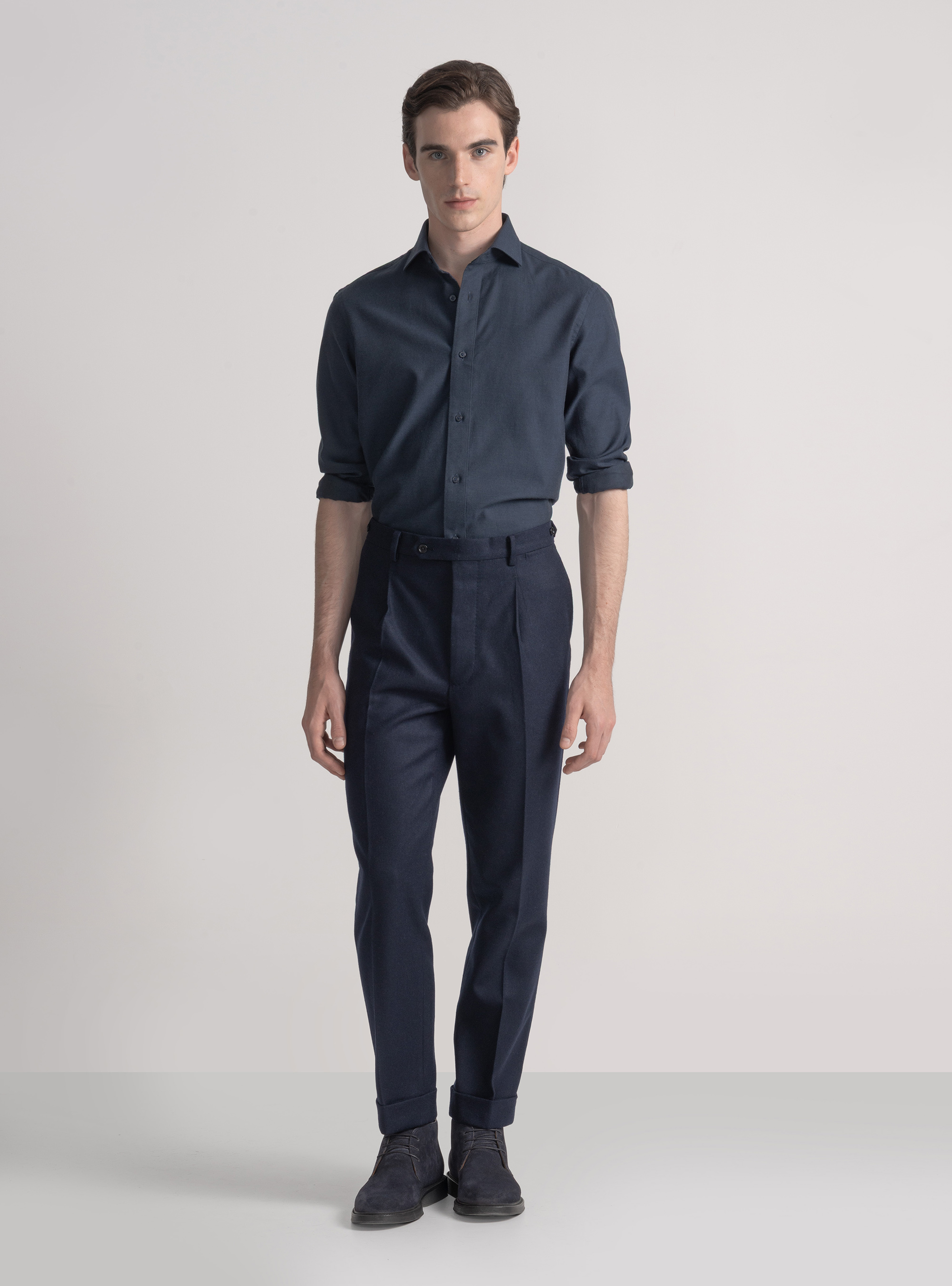 Camicia in flanella di cotone e lana, BLU NAVY