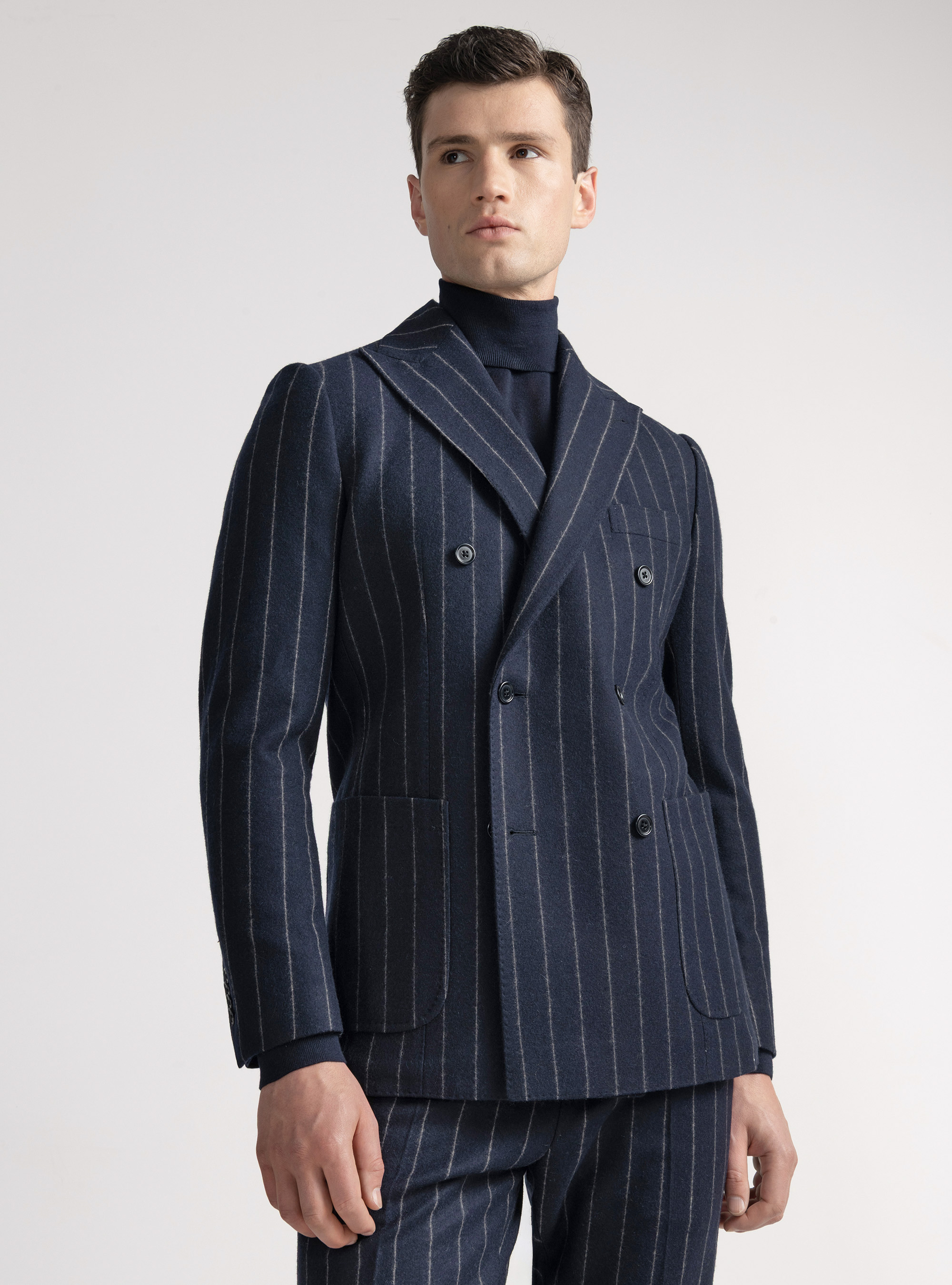 Pinstripe jersey double-breasted suit blazer, NAVY BLUE