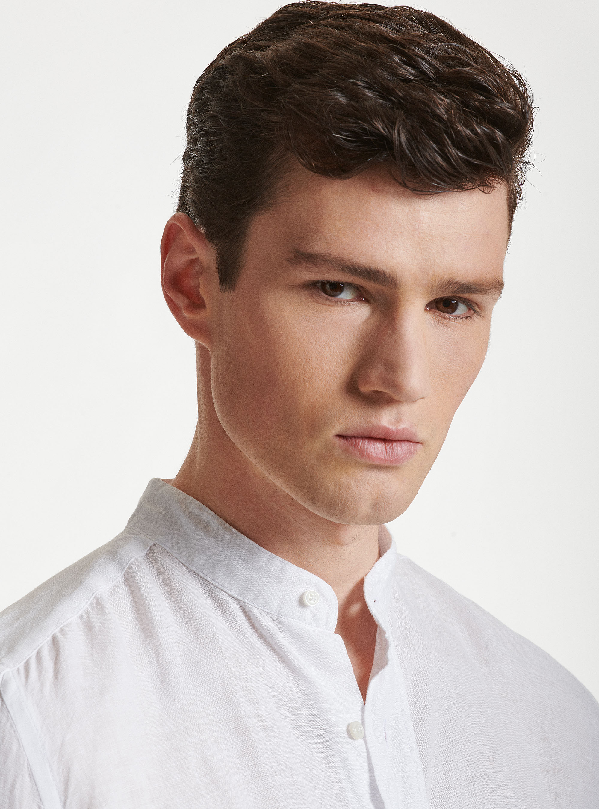 Camisa de cuello coreano en puro lino, BLANCO