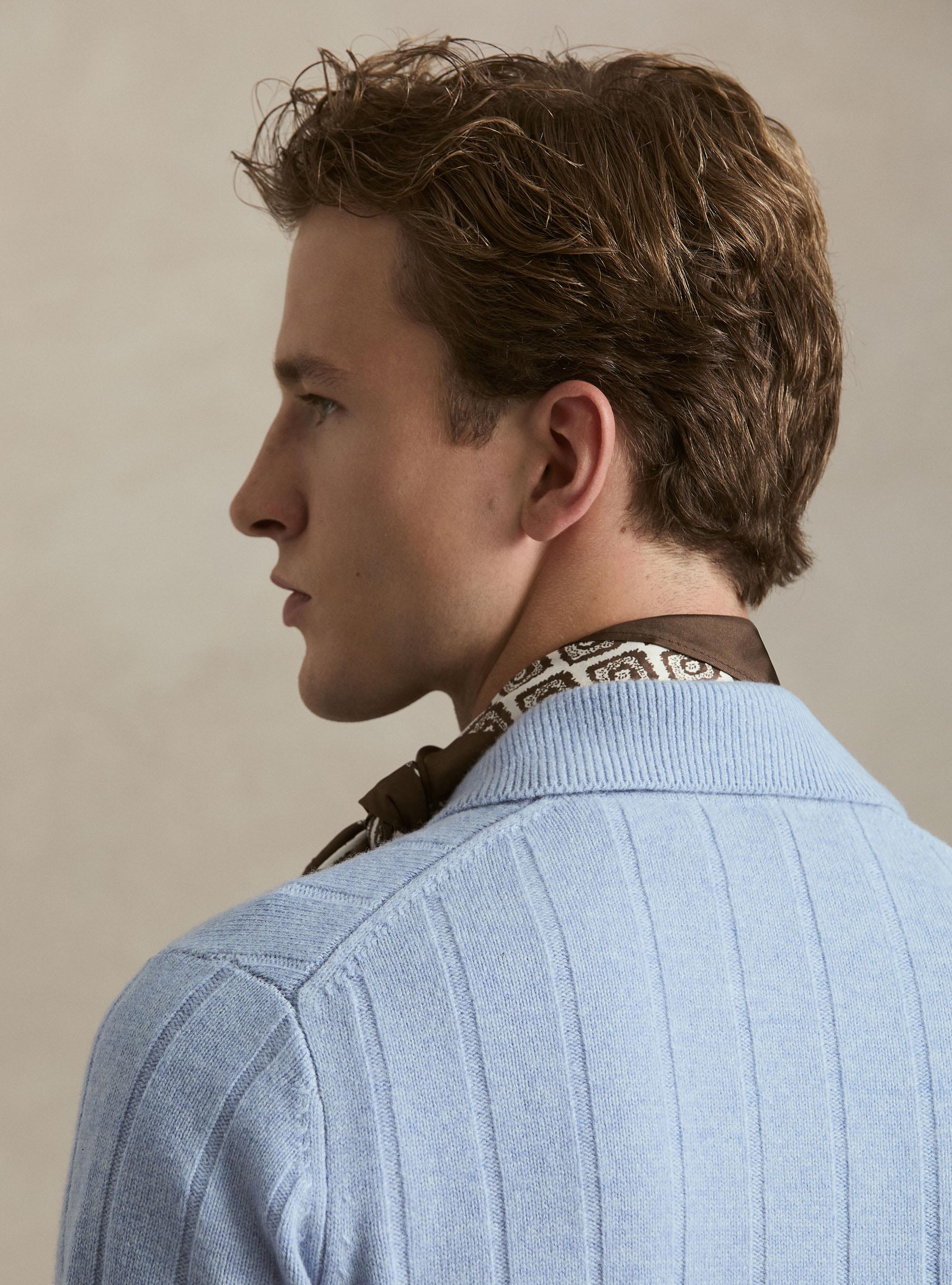 Chaqueta de cremallera de lana y cachemira de canal&eacute; plano, AZZURRO POLVERE 0283C