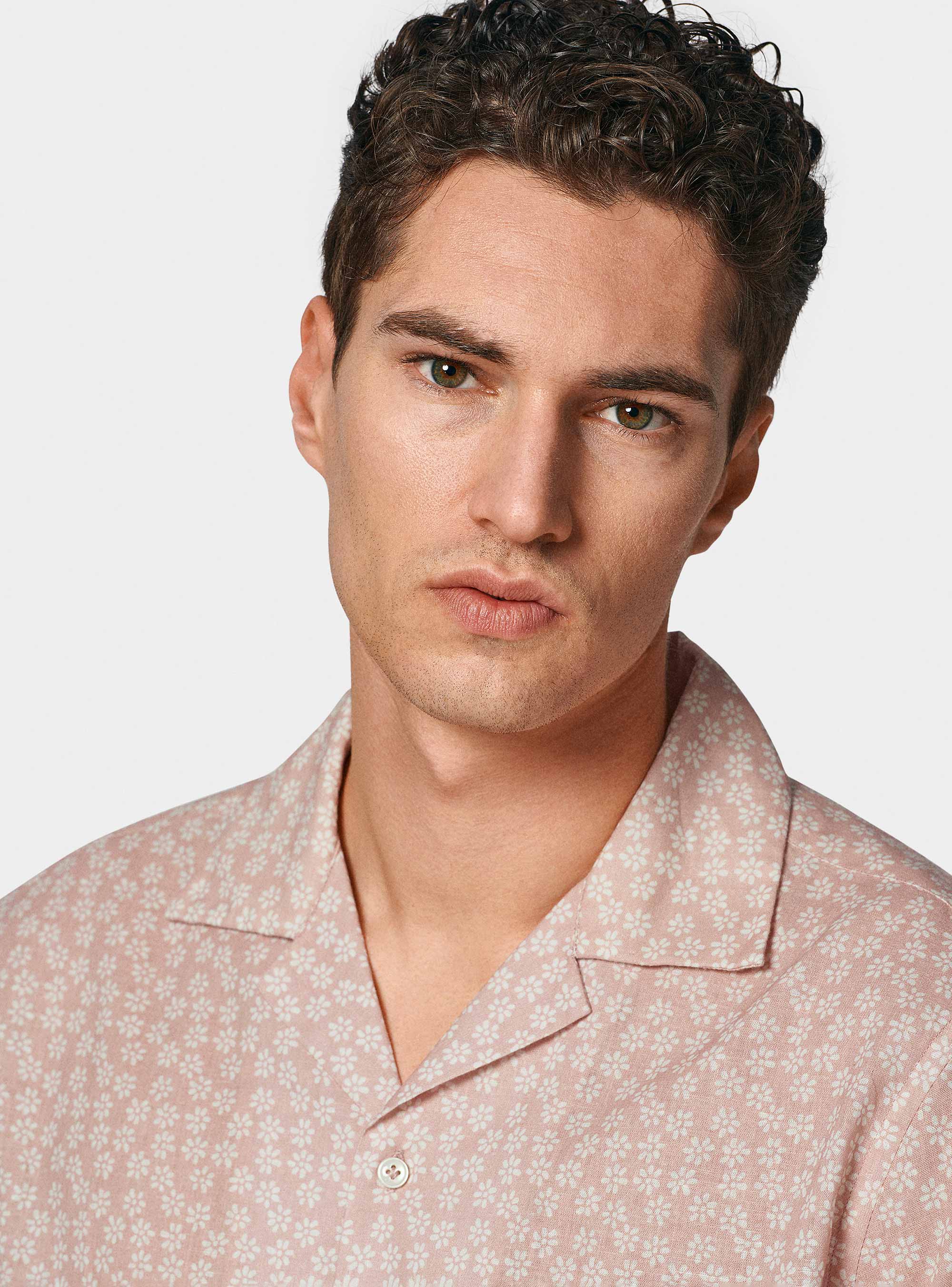 Camicia bowling in lino e cotone stampato, ROSA CHIARO 0466C