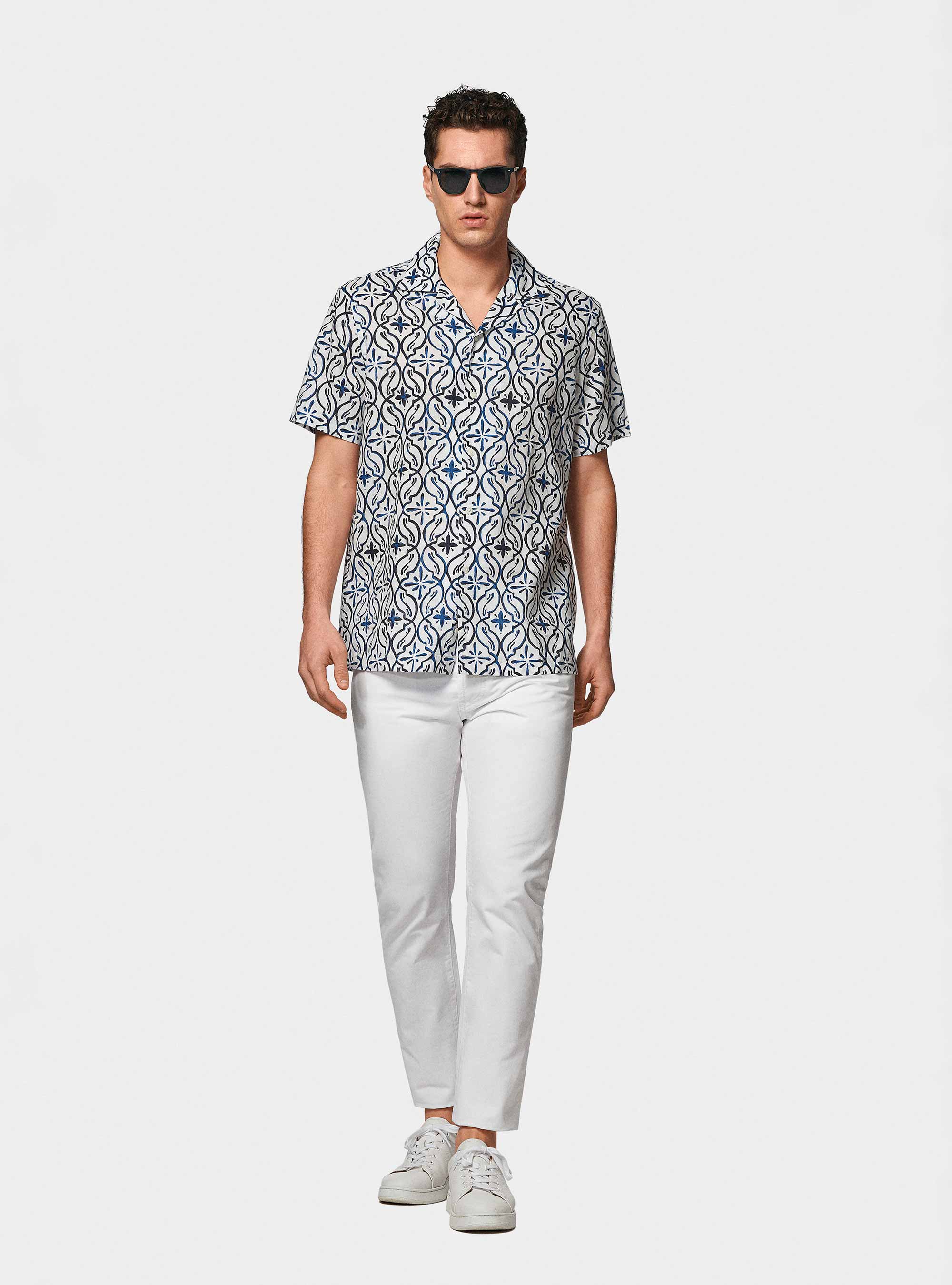 Camicia bowling in lino e cotone stampato, BLU NAVY
