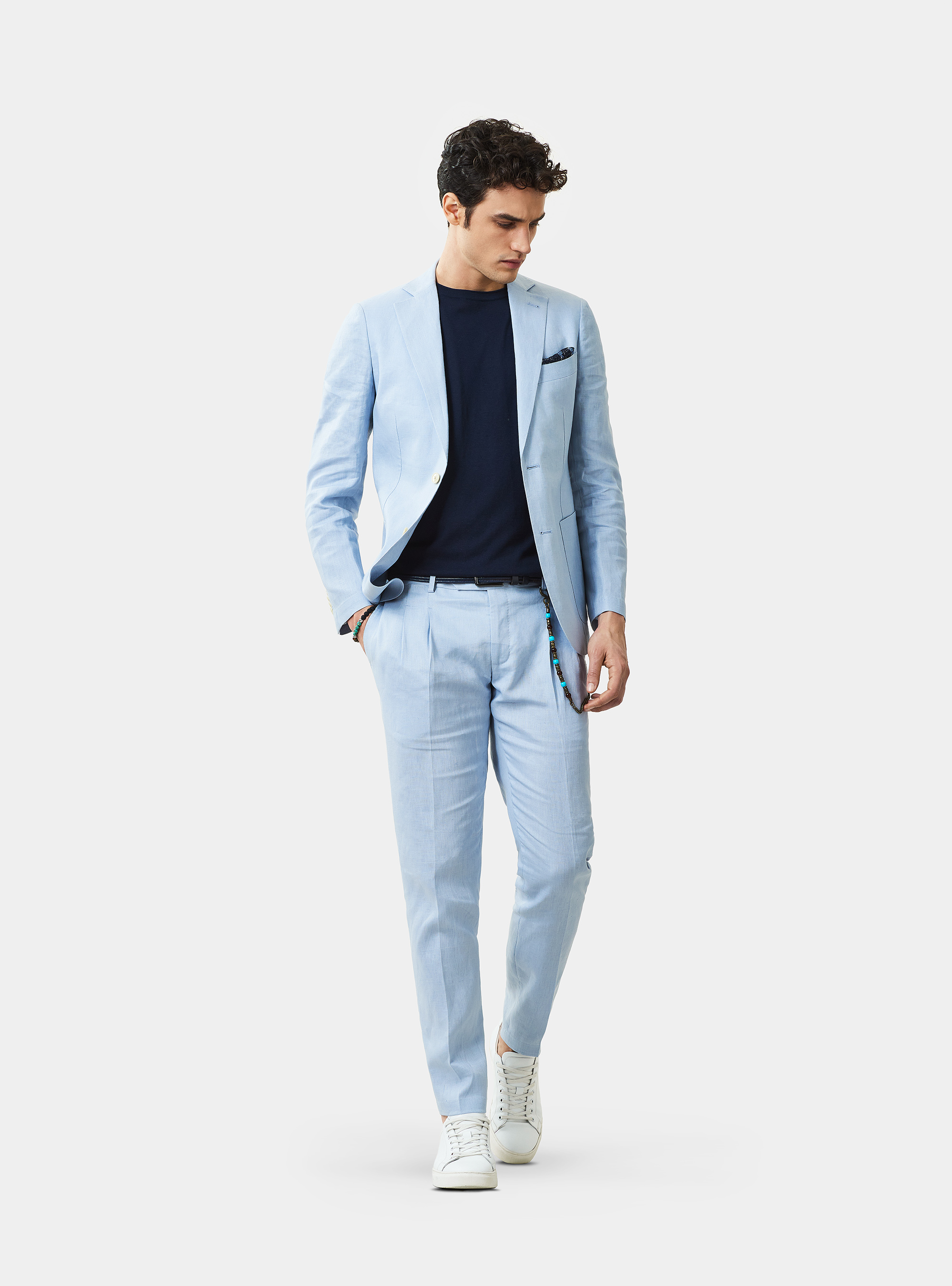 Pantaloni per abito in puro lino, AZZURRO