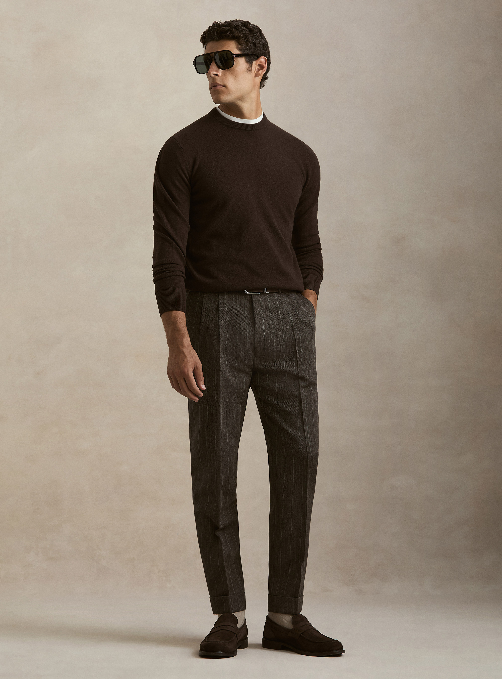 Pull col rond en lambswool et cachemire, MARRON