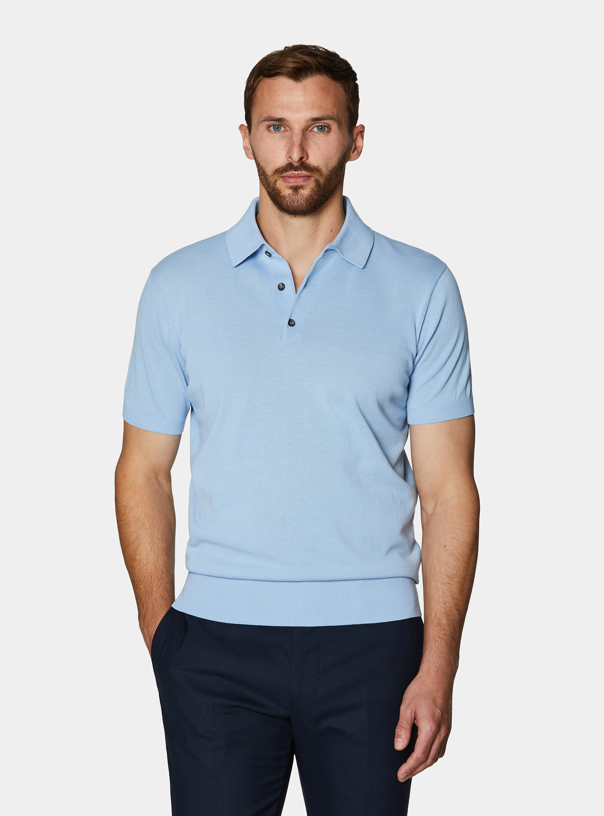 Extra-fine cotton knit polo shirt, 0266C AZZURRO