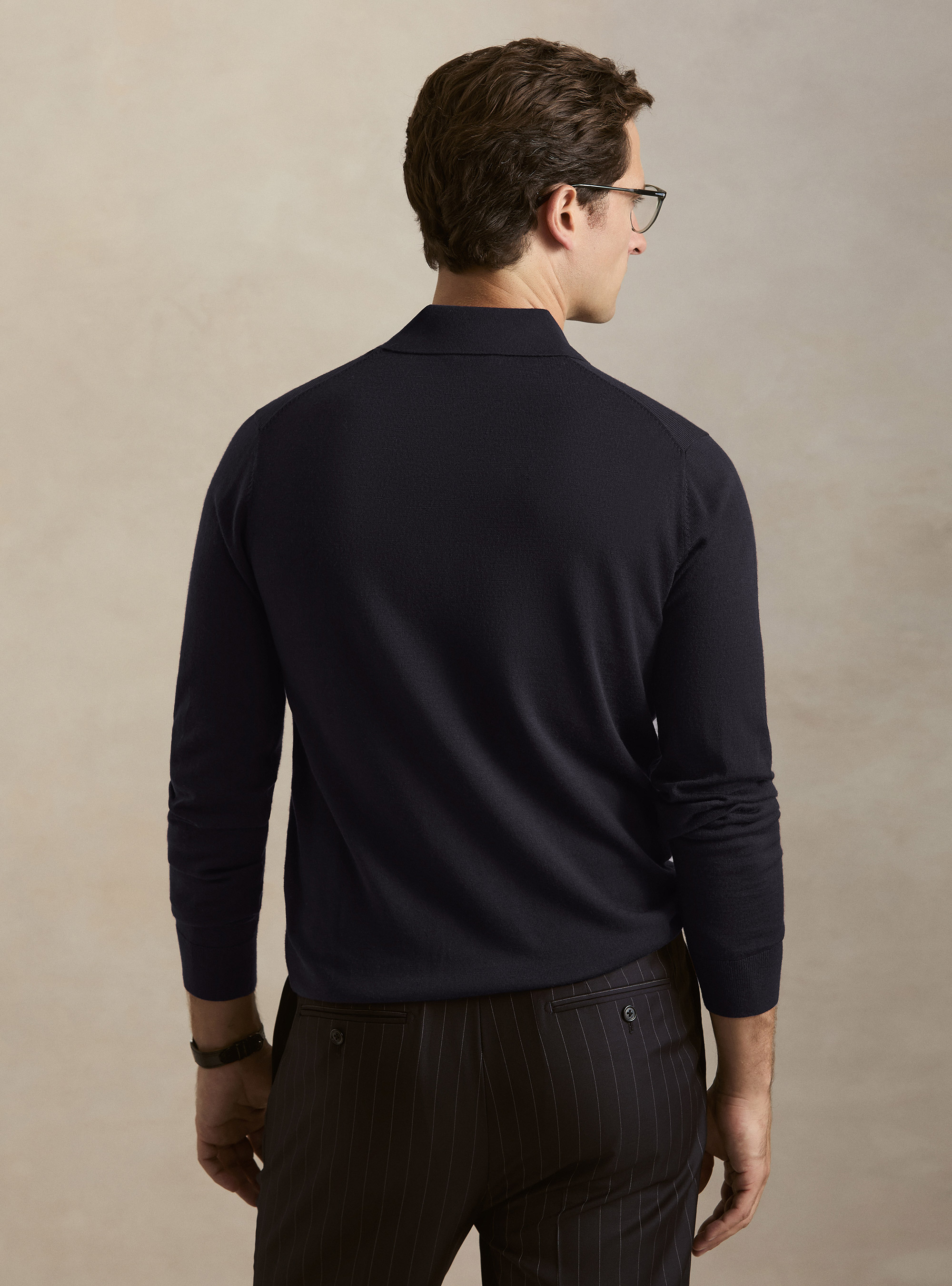 Strick-Poloshirt aus extrafeiner Merinowolle, NAVY 0218C