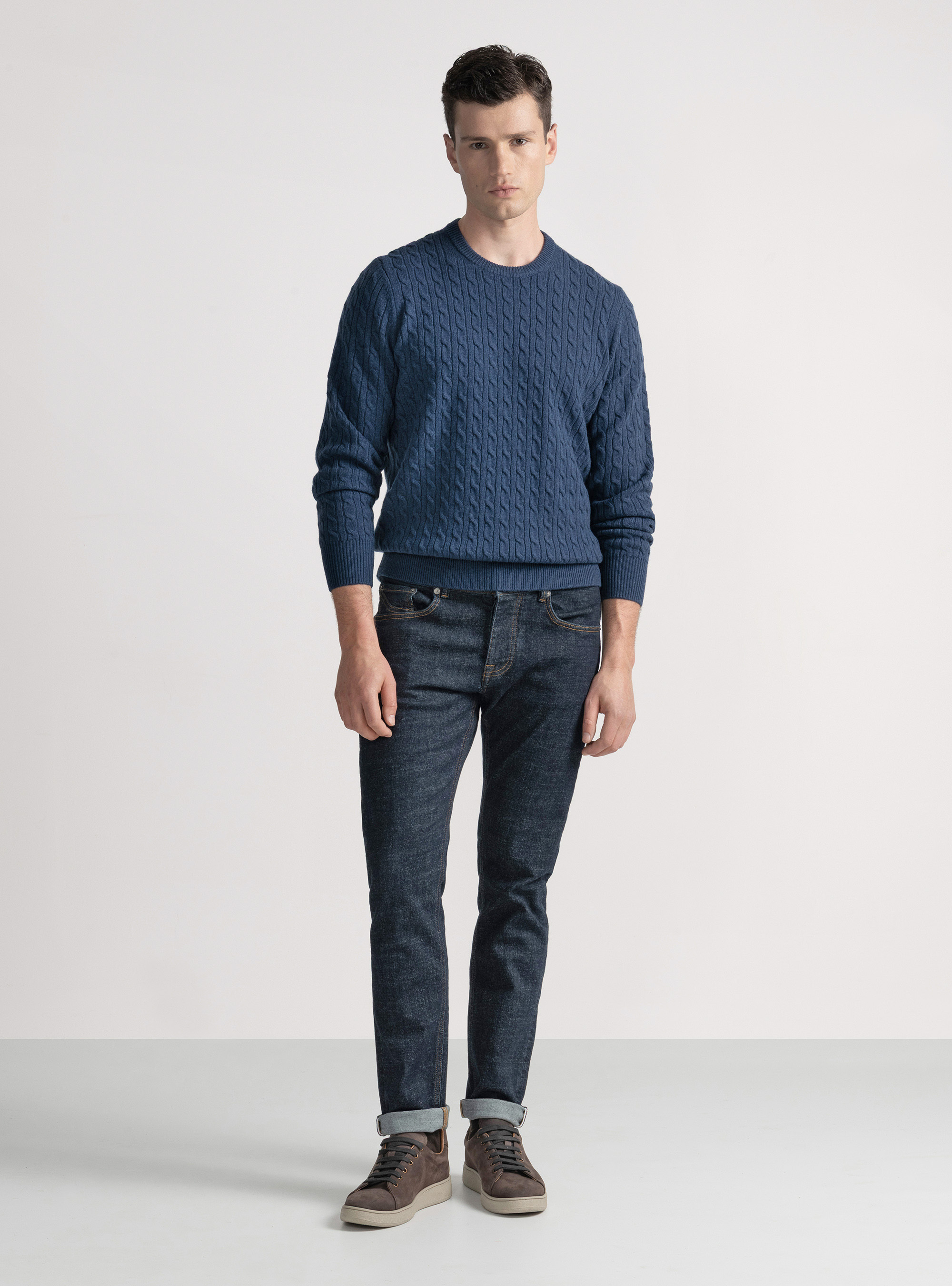 Maglia girocollo con treccia in lana e cashmere, INCHIOSTRO