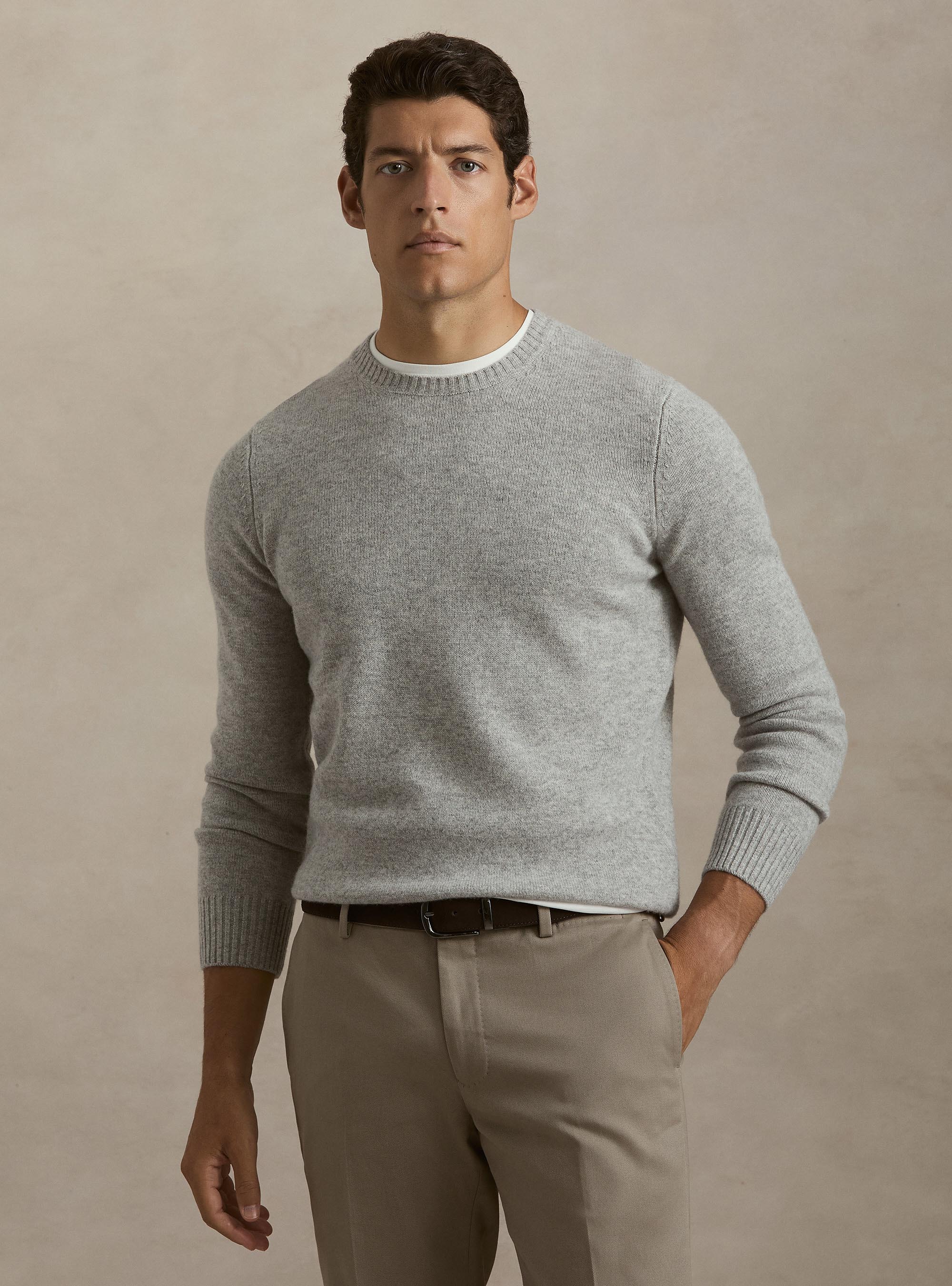 Crew-neck sweater in a wool and cashmere blend, LIGHT GREY MELANGE
