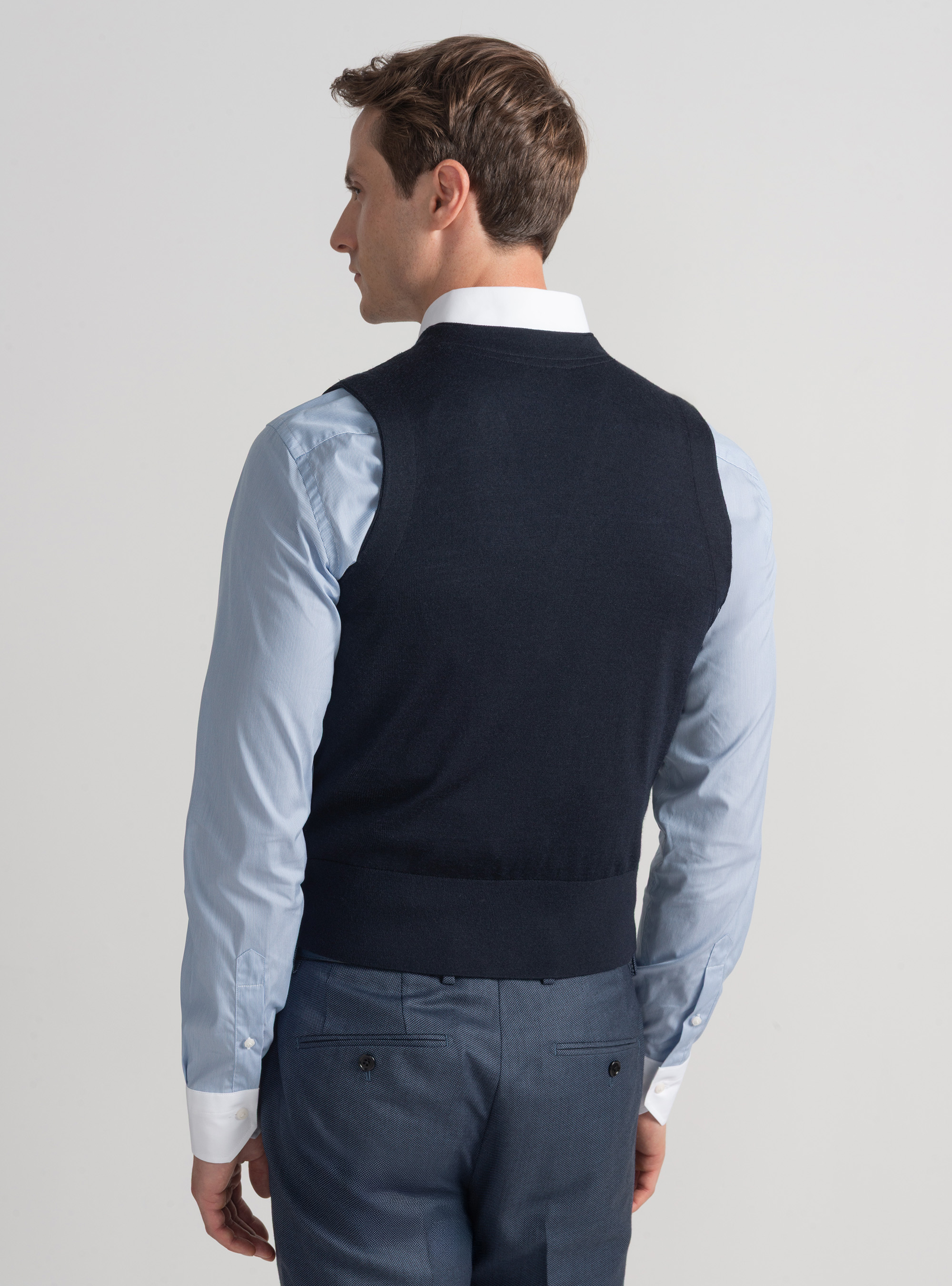 Double-breasted knitted gilet in pure extra-fine merino wool, NAVY BLUE
