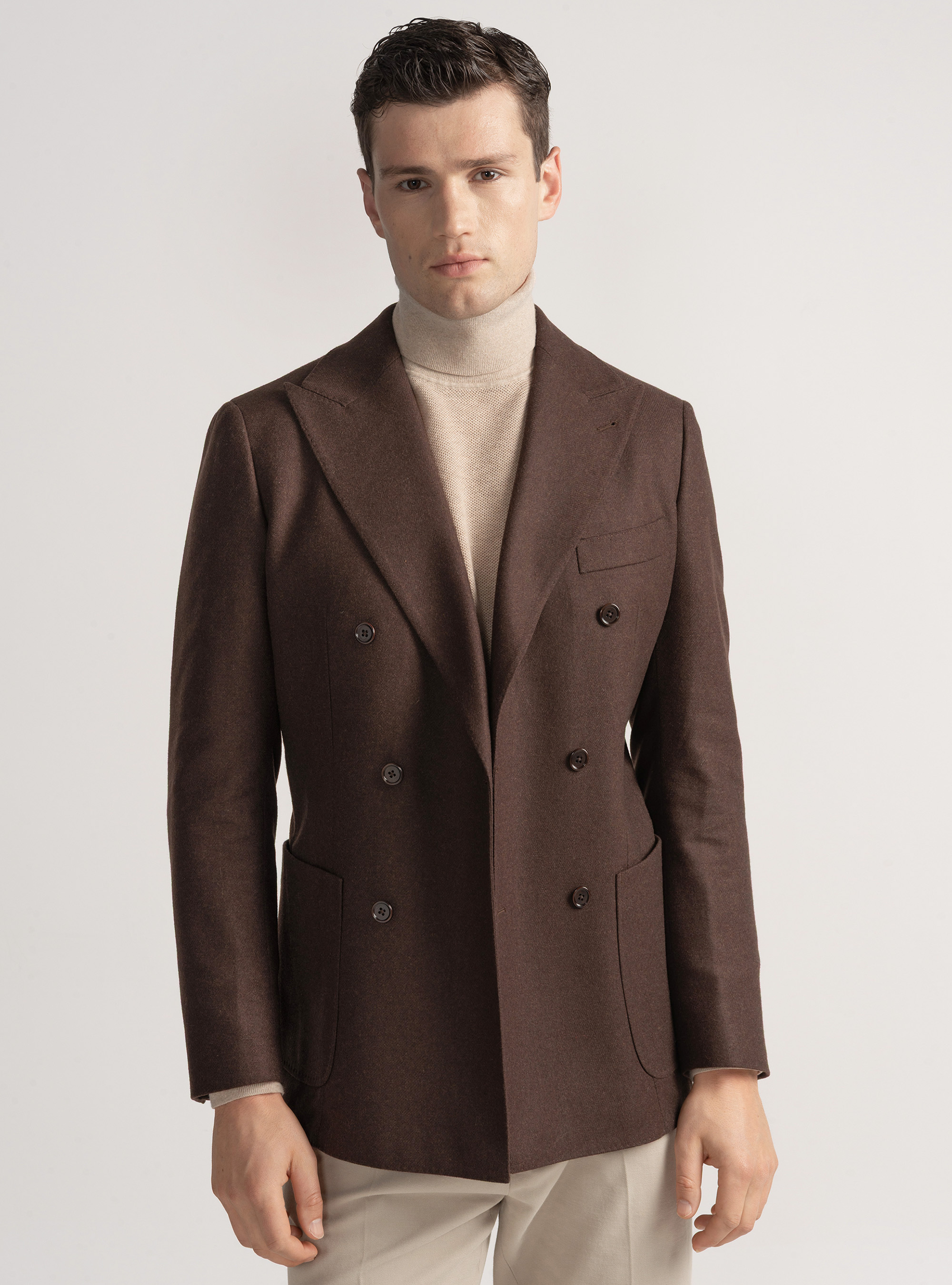 Double-breasted flannel blazer, BROWN