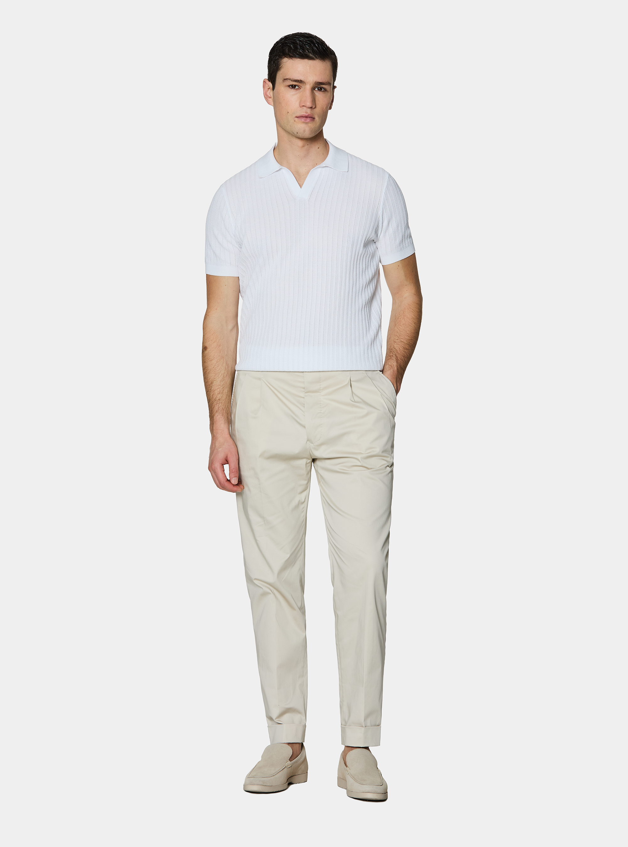 Perforated knit polo shirt without buttons in extra-fine cotton, WHITE