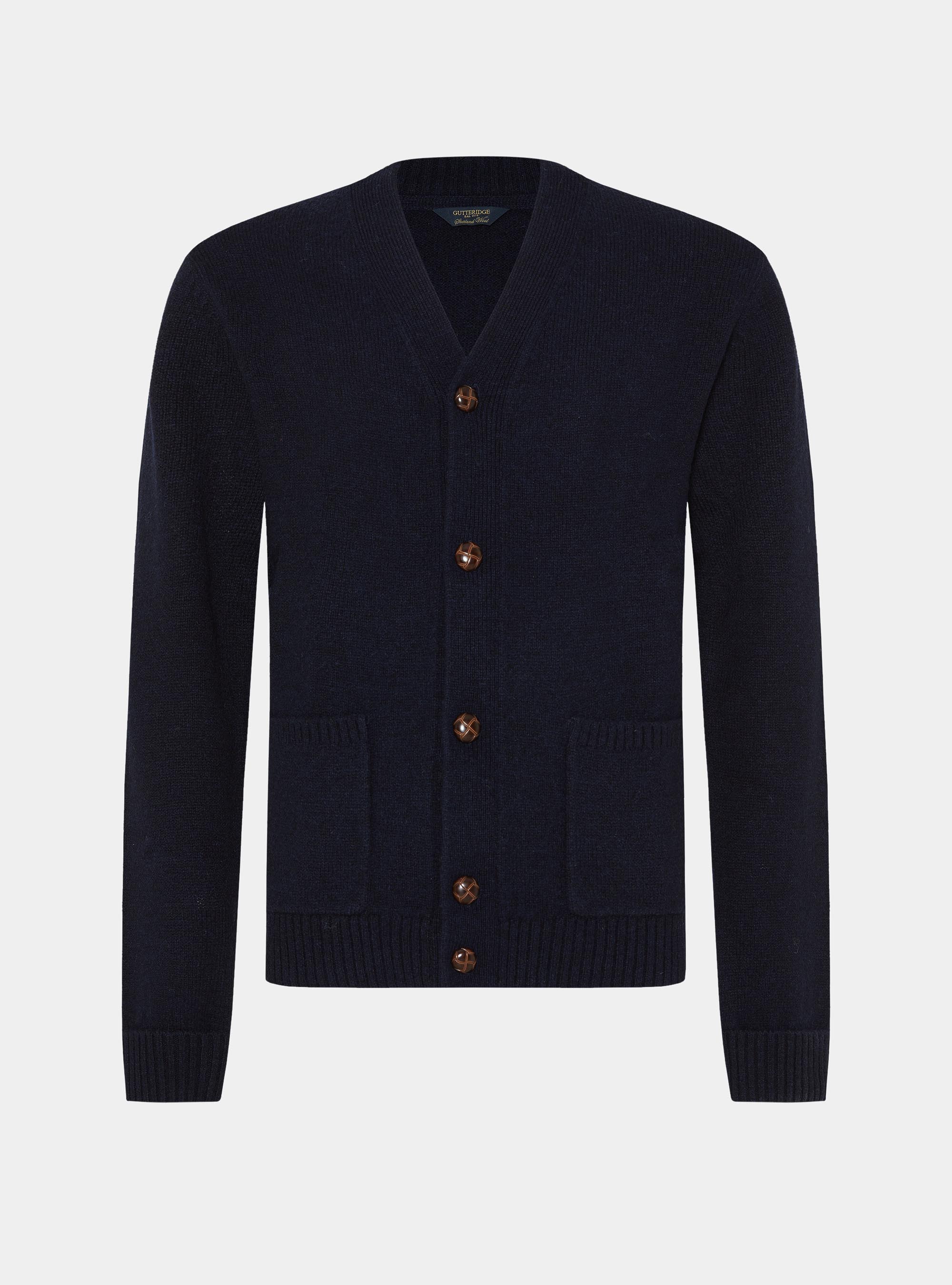 Shetland wool knitted cardigan, NAVY BLUE