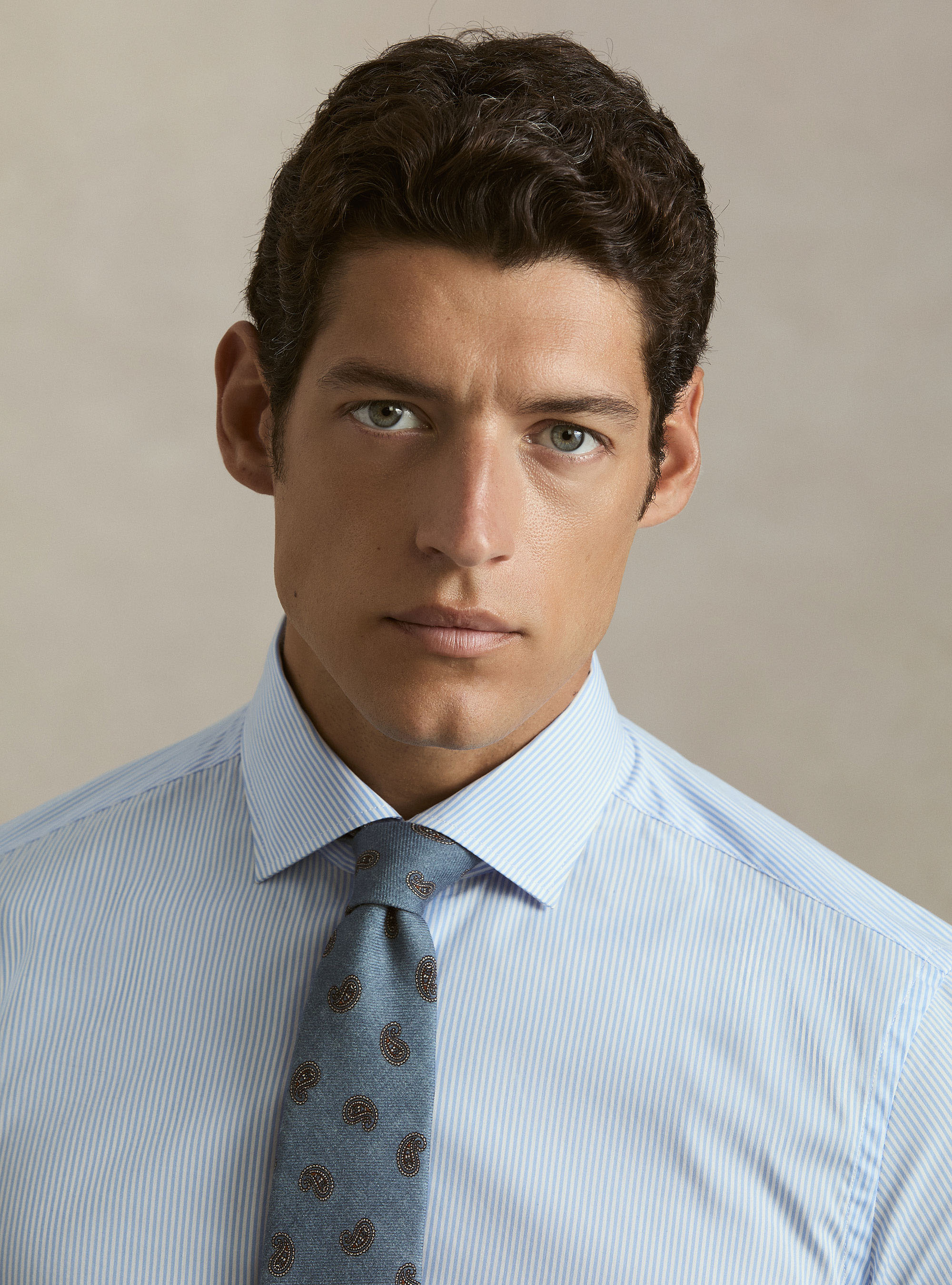 Camicia in cotone rigato popeline stretch, AZZURRO