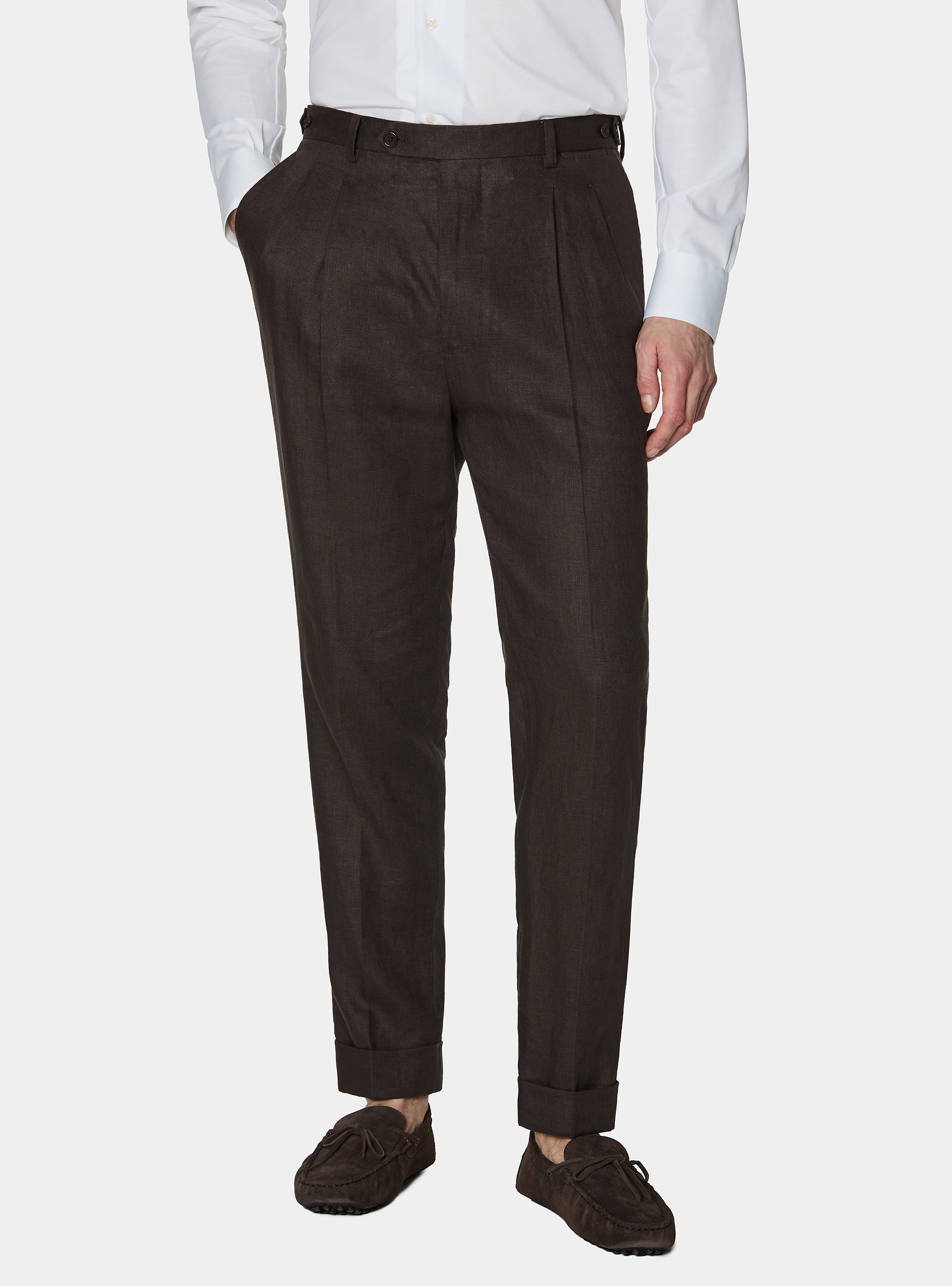 Pure linen double pleat trousers, BROWN