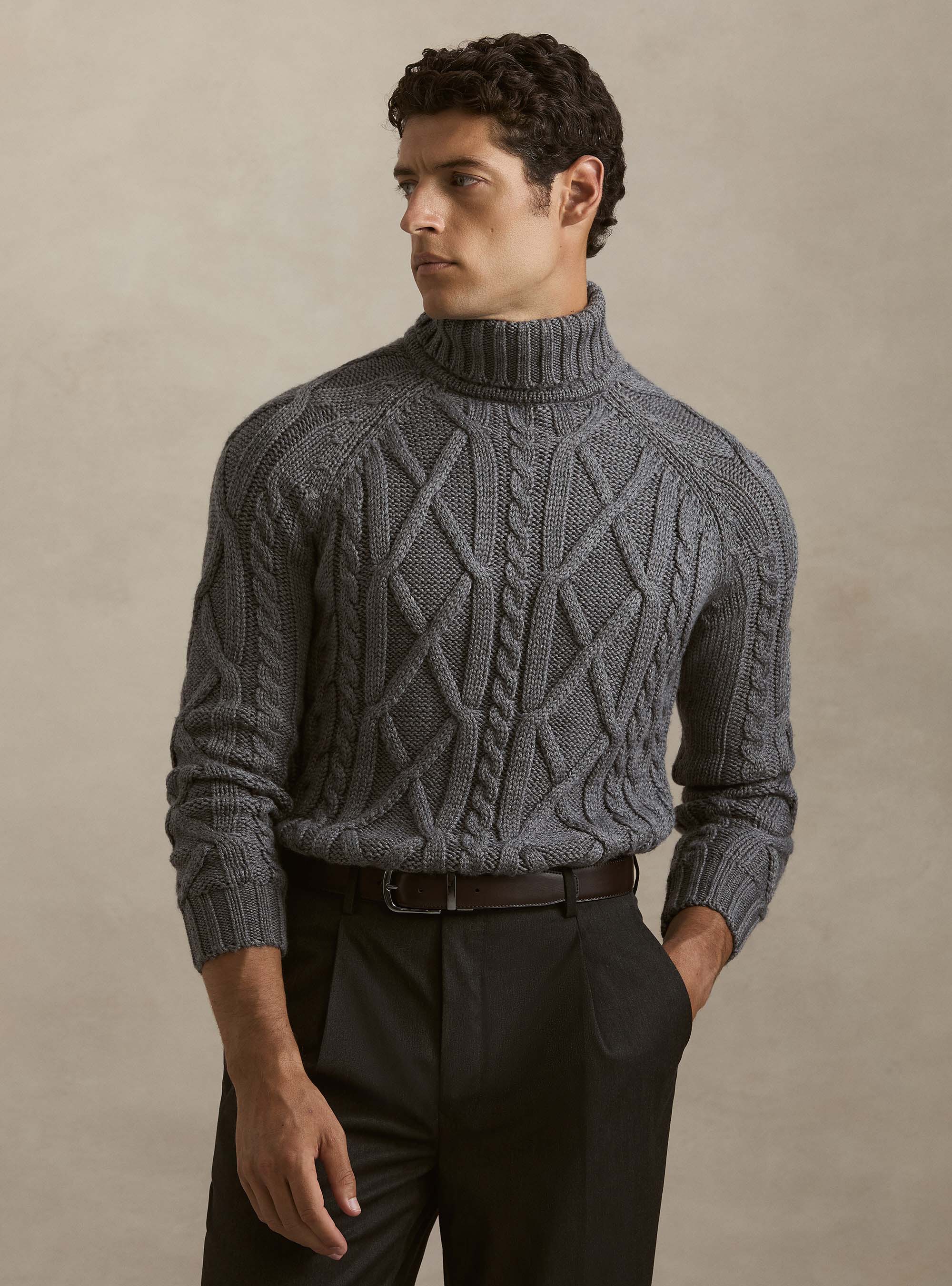 Rollkragenpullover im Zopfmuster aus Wollmischung, GRIGIO SCURO 0125C