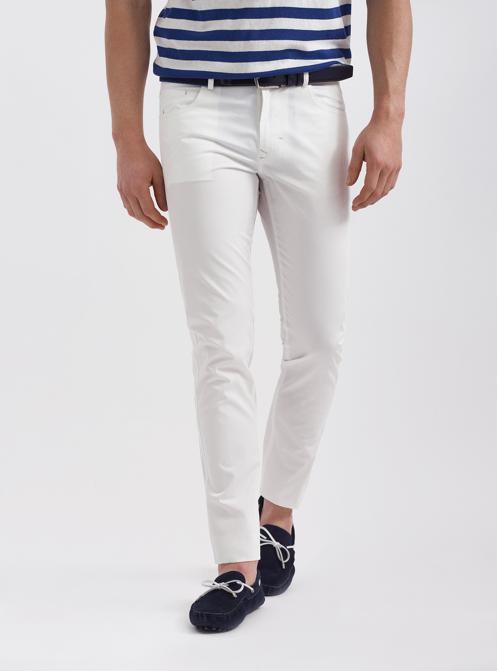 Pantalones de 5 bolsillos en sarga de algod&oacute;n ligero, BLANCO