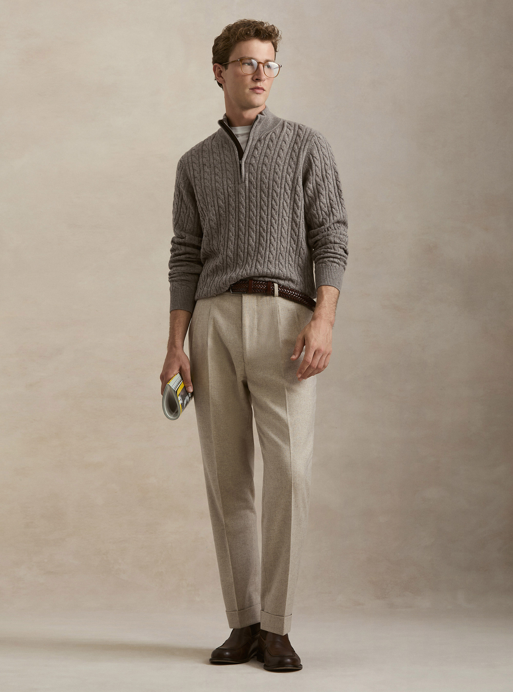 Maglia collo mock con trecca in misto lana, TORTORA 0542C