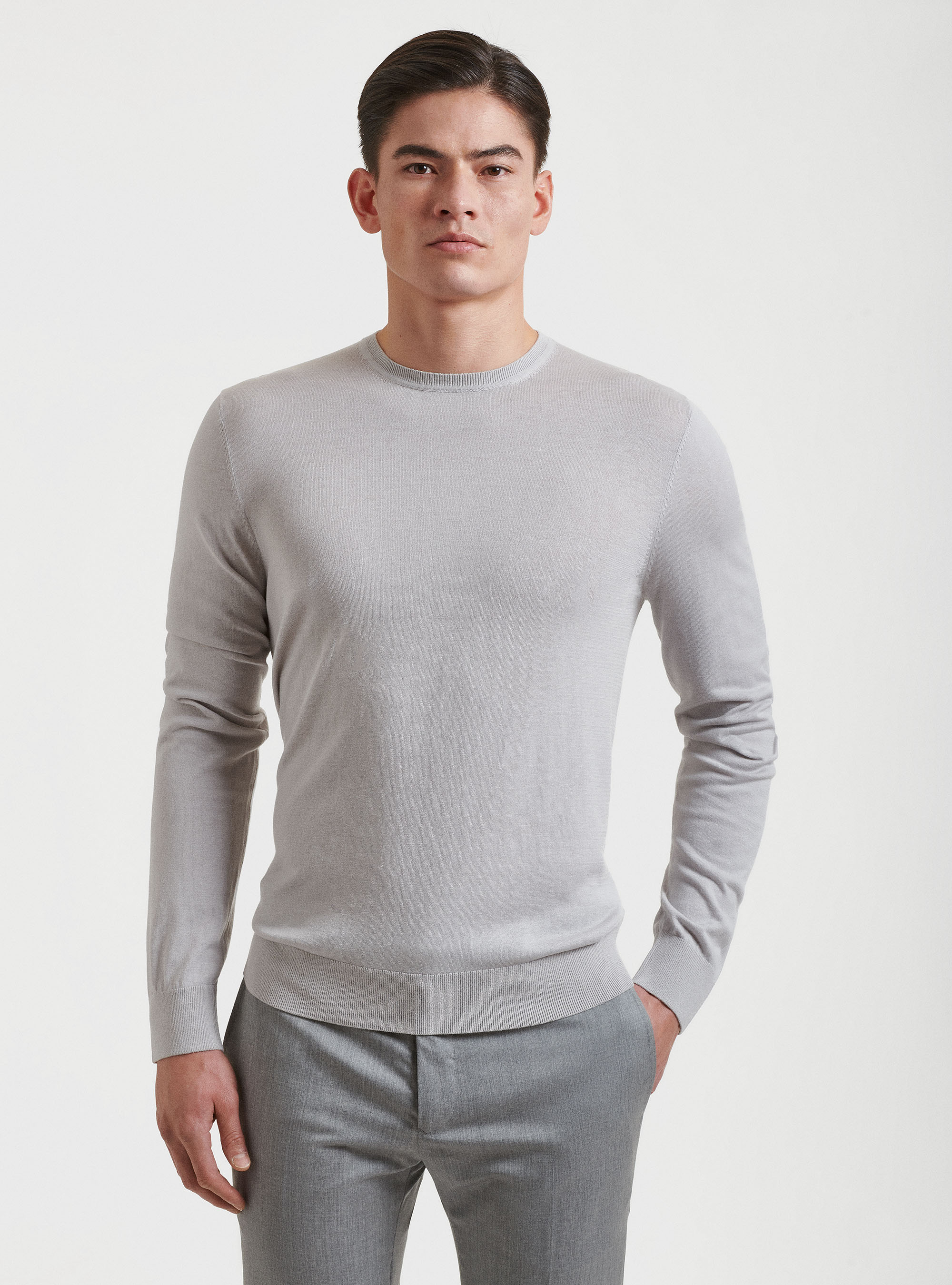 Maglia girocollo in seta e cotone, GRIGIO CHIARO MELANGE