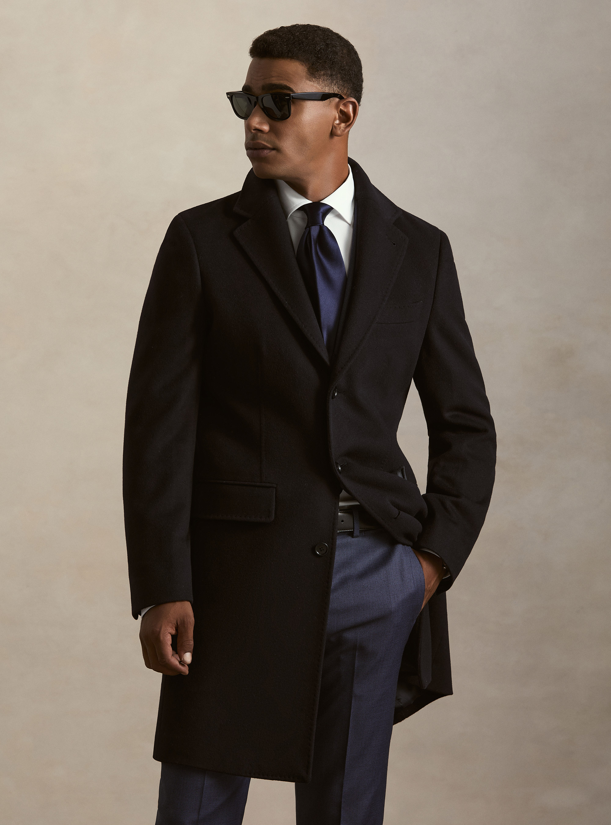 Single-breasted wool and cashmere coat, NAVY BLUE