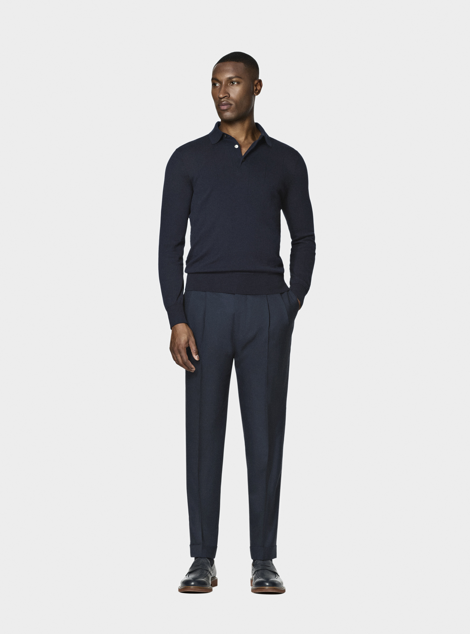 Long-sleeved knit polo shirt, NAVY BLUE