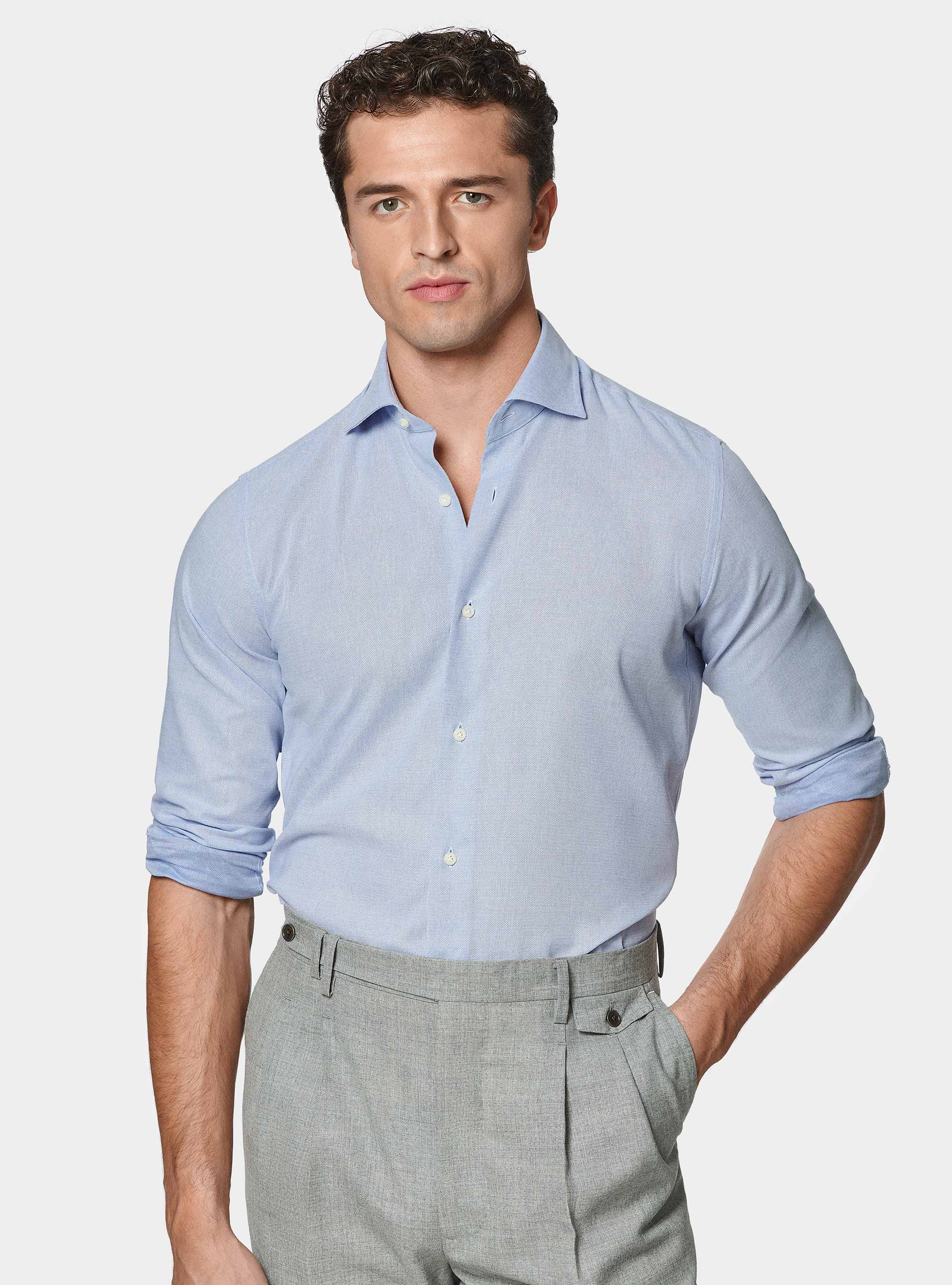 Camisa texturizada en mezcla de algod&oacute;n, CELESTE