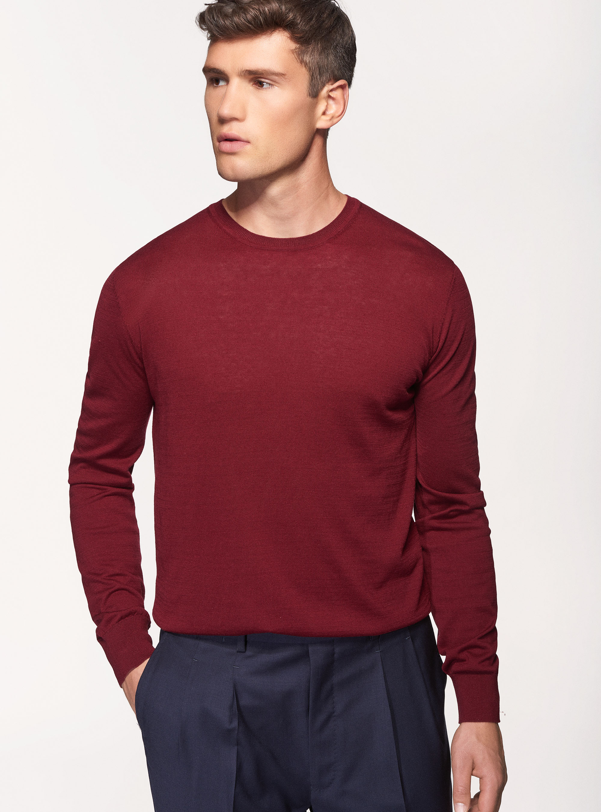 Silk cotton crew-neck sweater, BORDEAUX