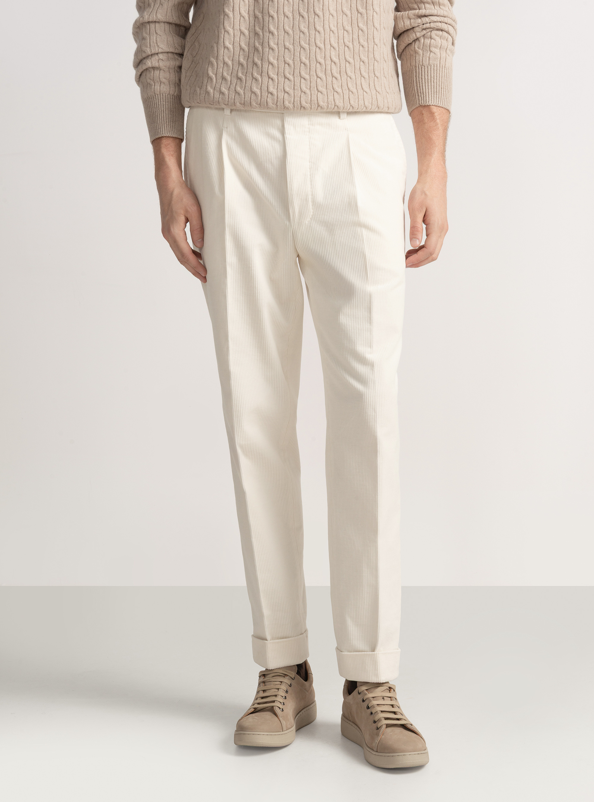 Pantal&oacute;n de pinzas de terciopelo el&aacute;stico Duca Visconti di Modrone, BLANCO