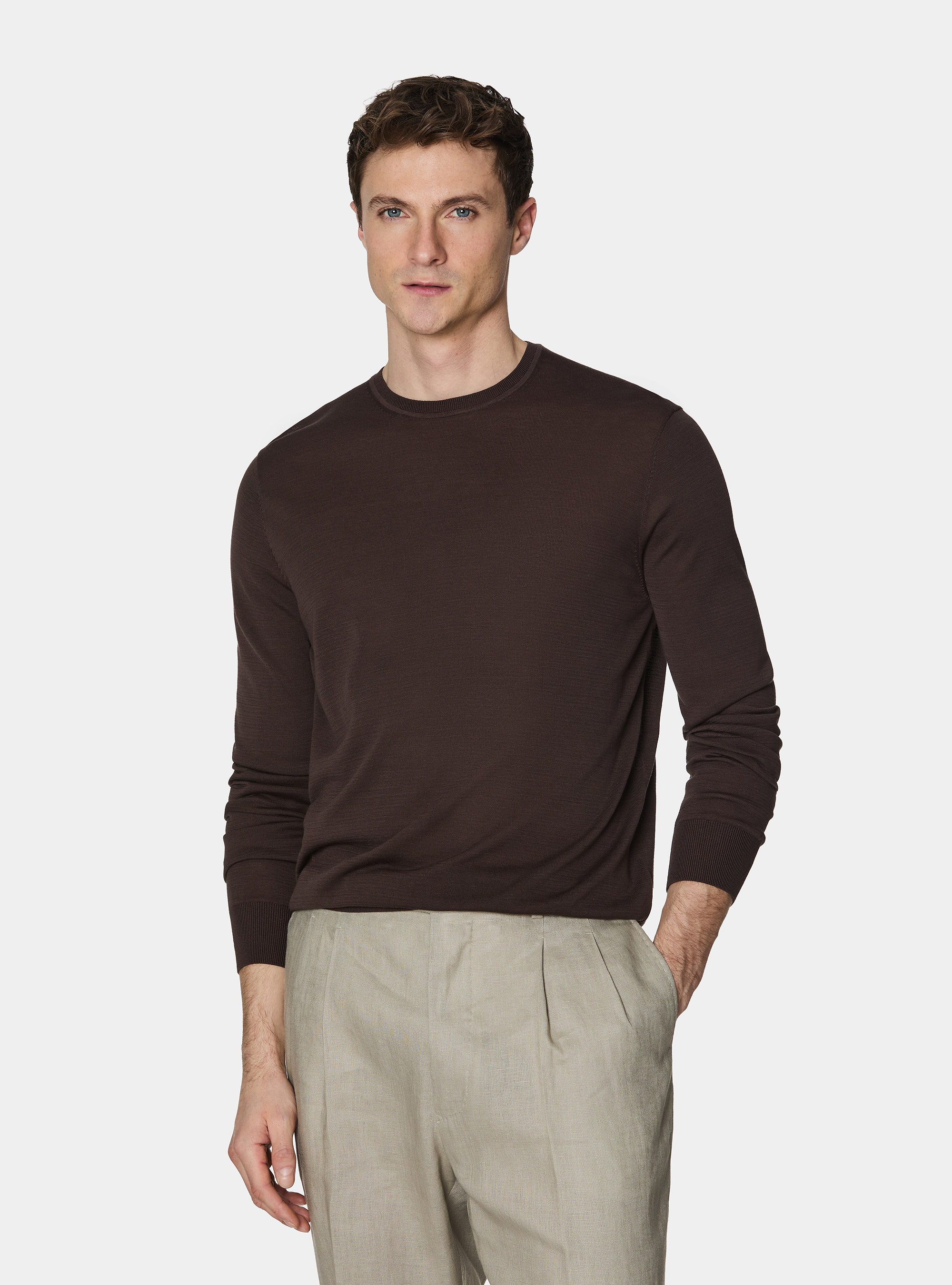 Cotton and silk crew neck sweater, BROWN