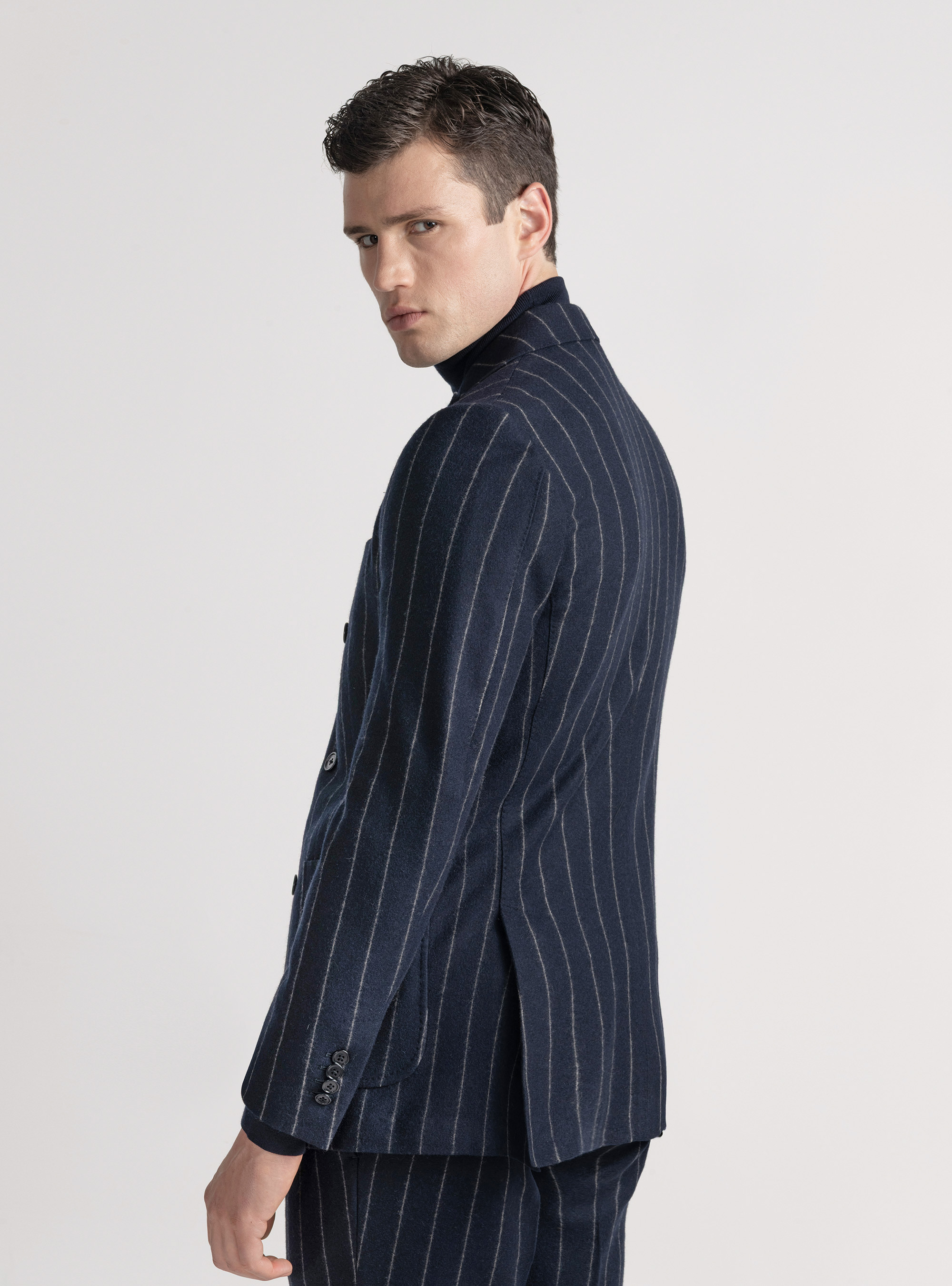 Pinstripe jersey double-breasted suit blazer, NAVY BLUE