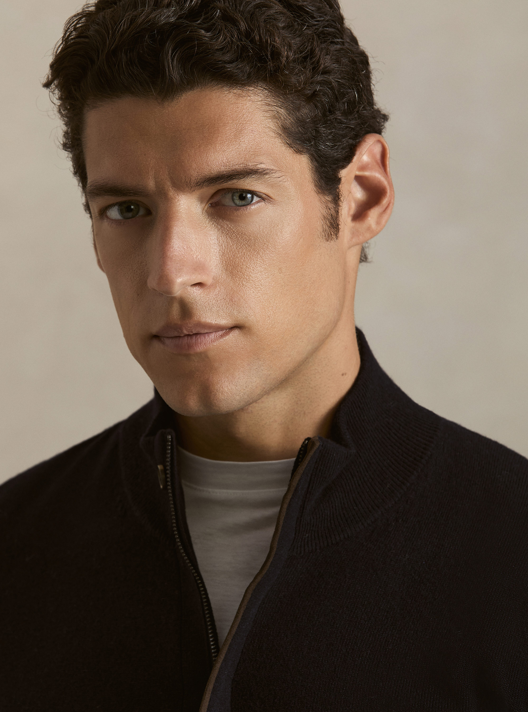 Cardigan con zip in maglia in lambswool e cashmere, BLU NAVY