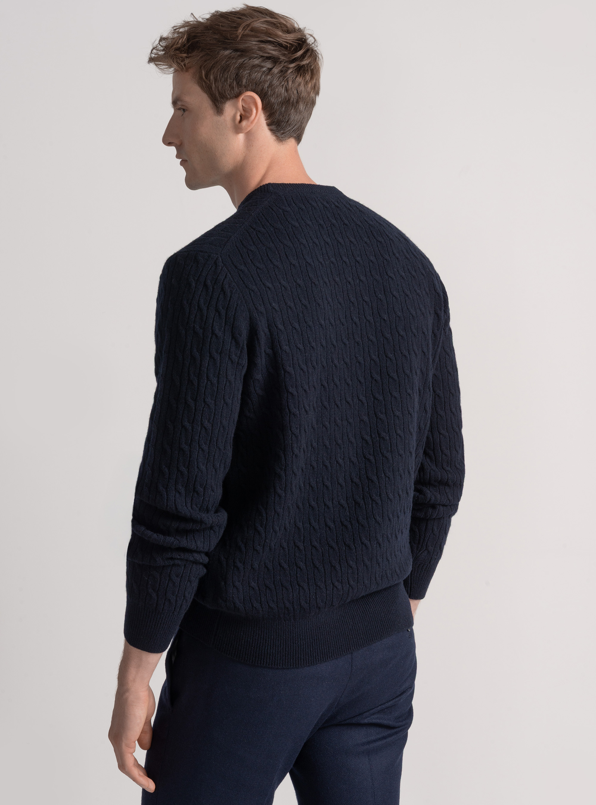 Maglia girocollo con treccia in lana e cashmere, BLU NAVY