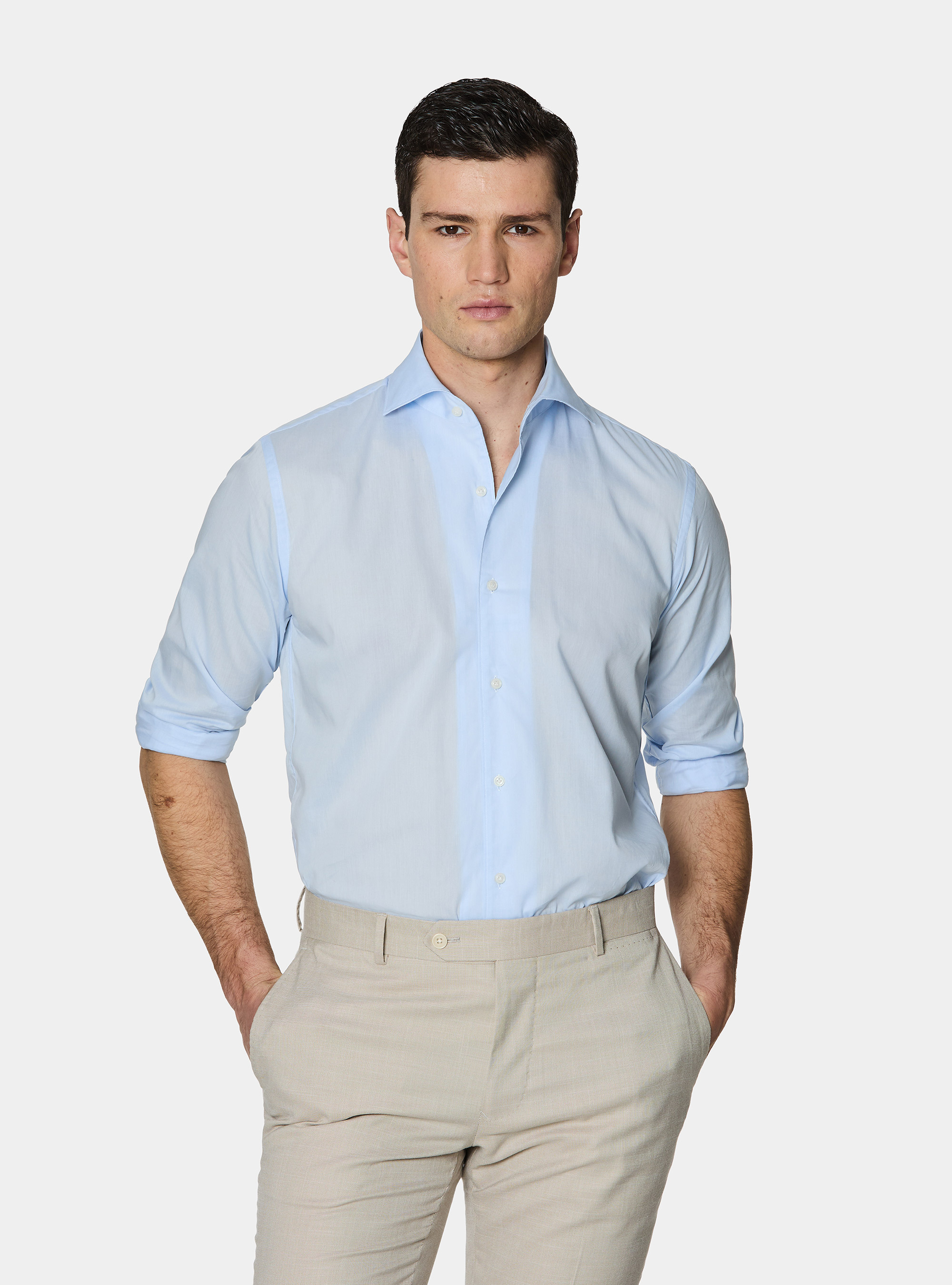 Camicia in cotone con paramontura, AZZURRO