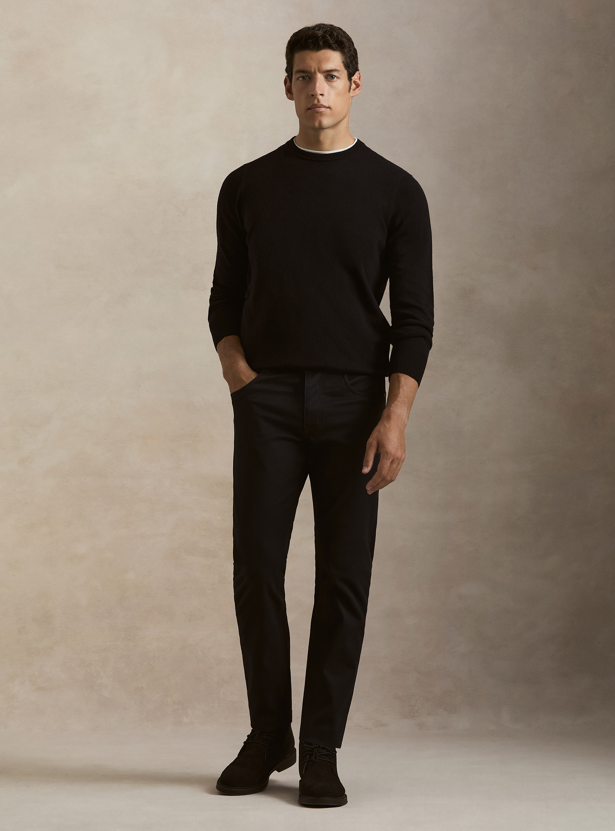 Pantalon 5 poches en m&eacute;lange coton armur&eacute;, BLEU MARINE