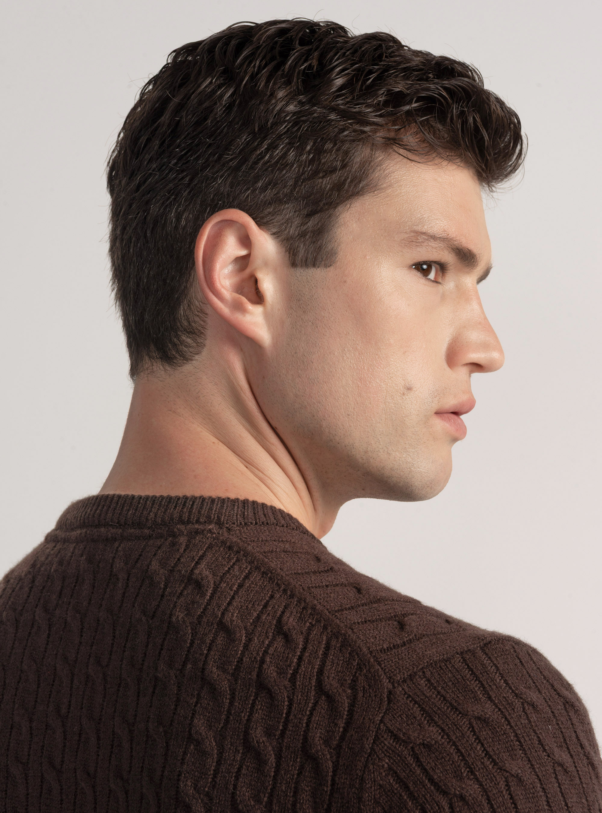 Maglia girocollo con treccia in lana e cashmere, MARRONE