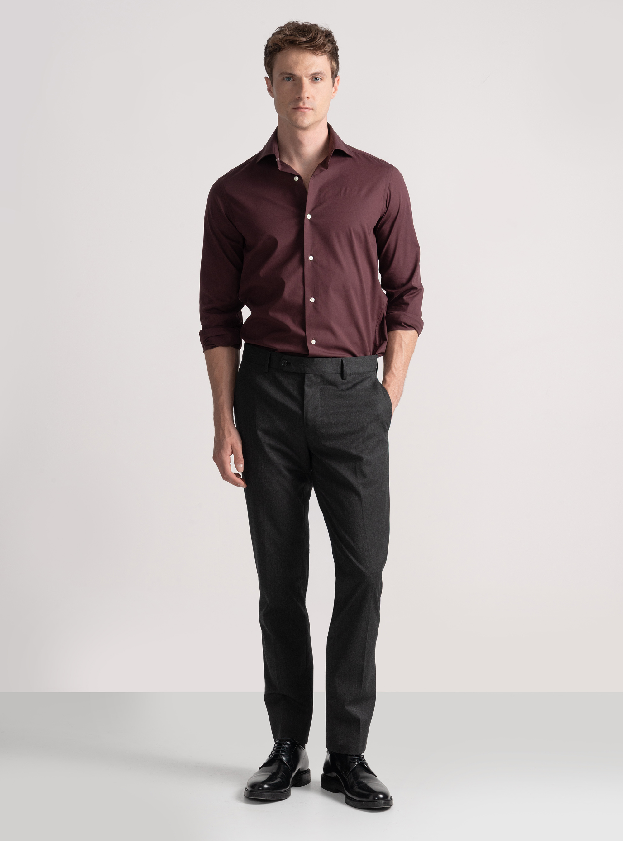 Camicia in cotone popeline stretch, BORDEAUX
