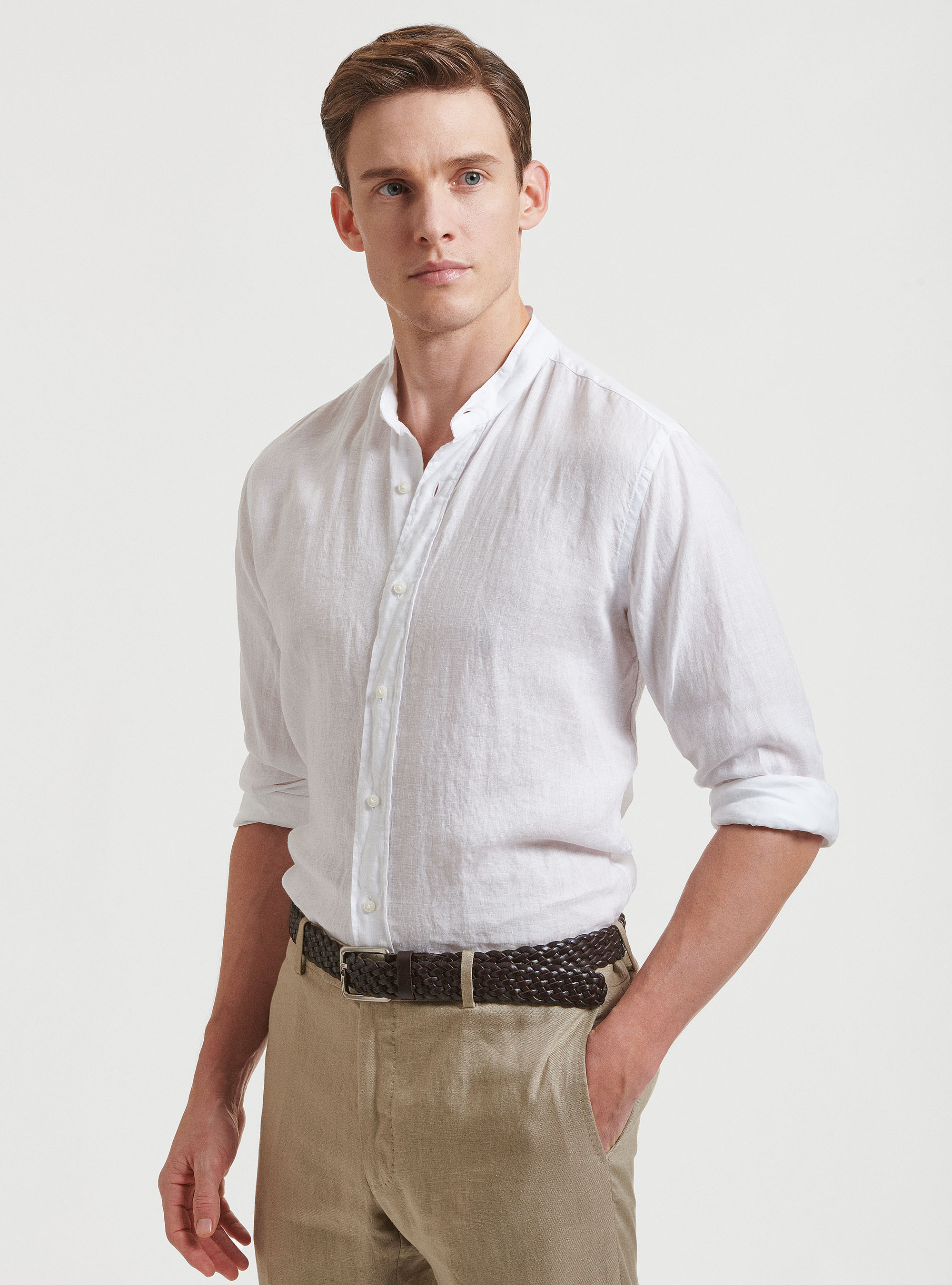 Camicia collo coreano 100% lino, BIANCO