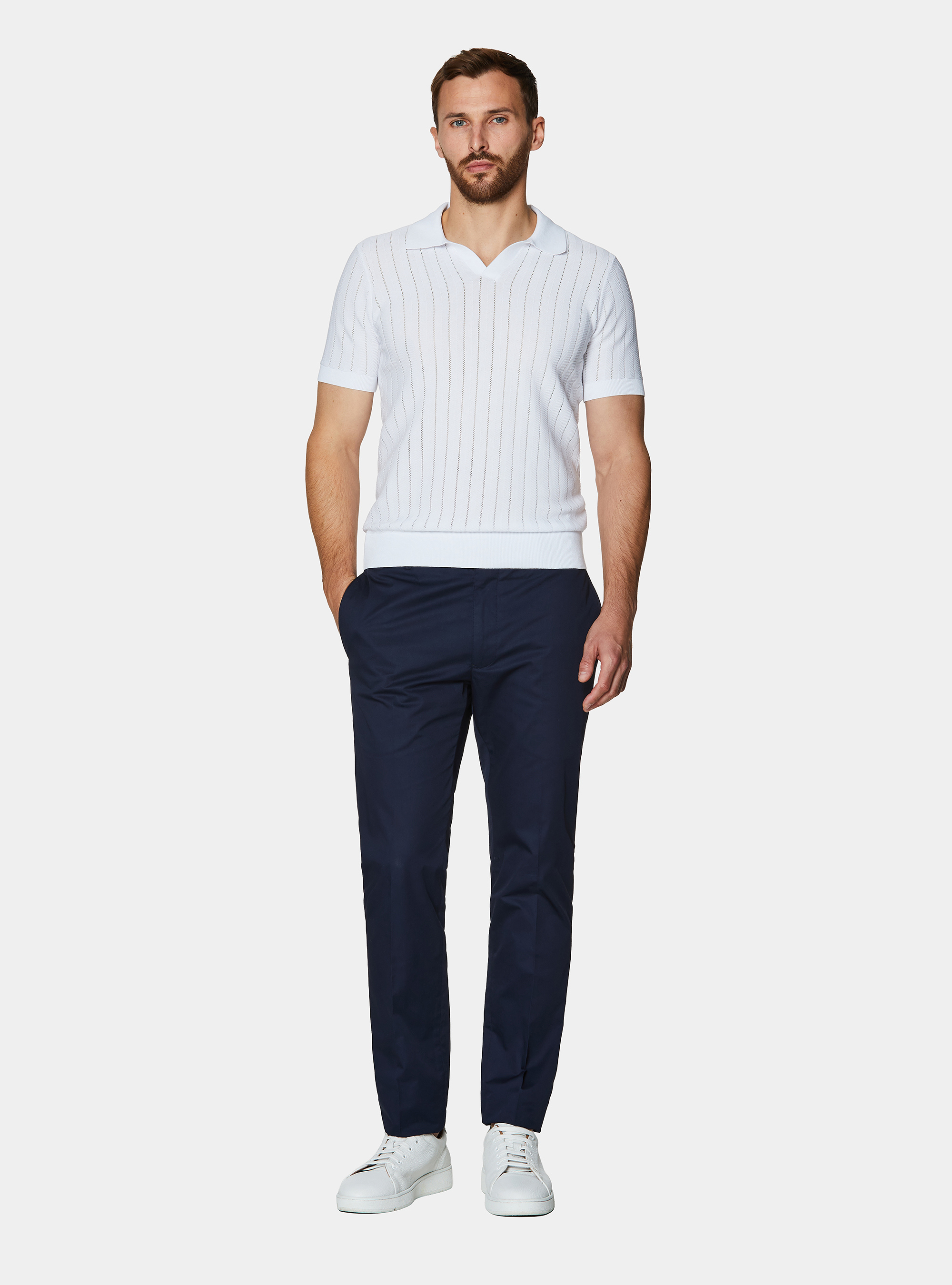 Perforated polo shirt in herringbone cotton, WHITE
