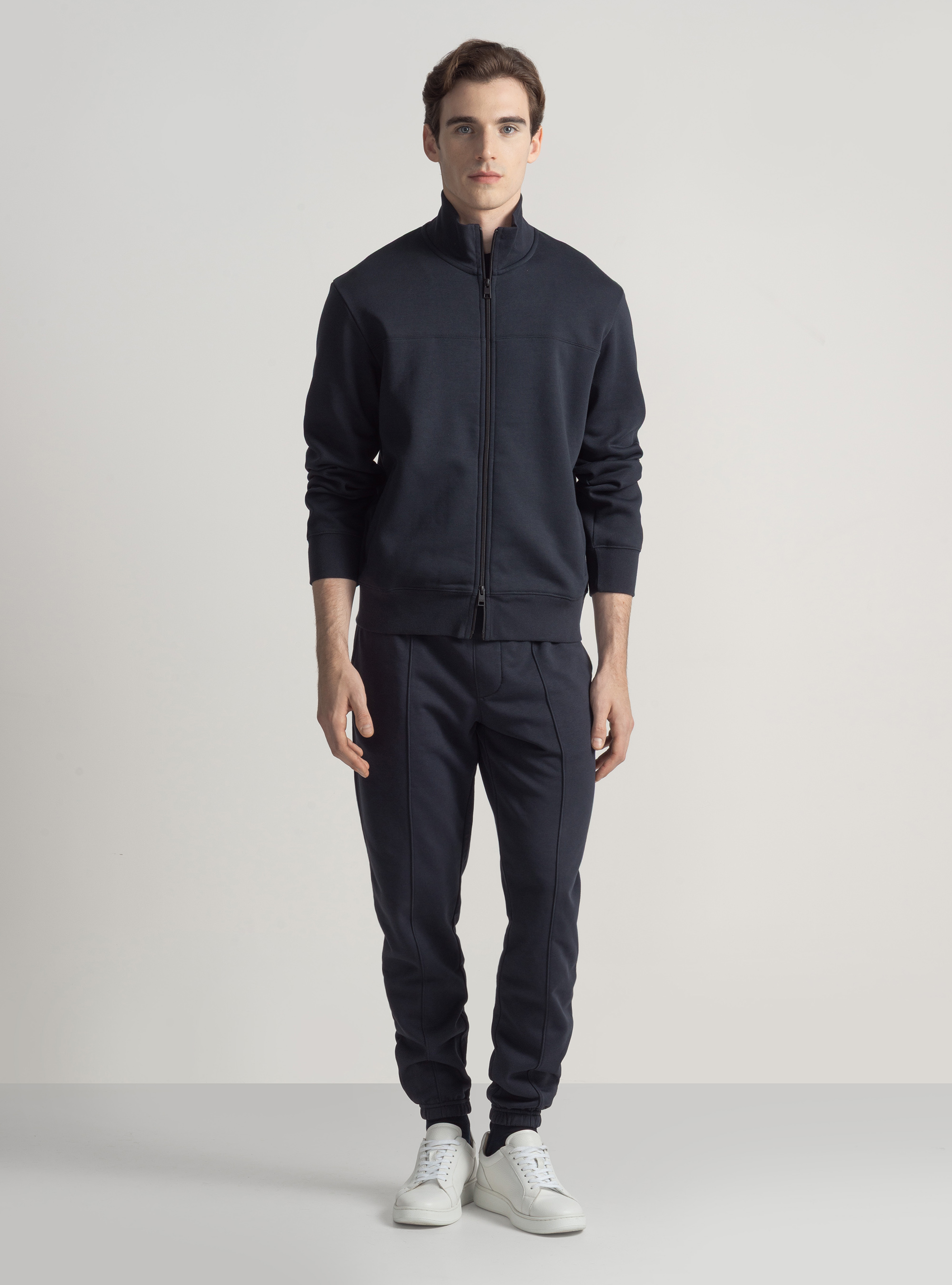 Sweatshirt zipp&eacute; en coton m&eacute;lang&eacute;, BLEU MARINE