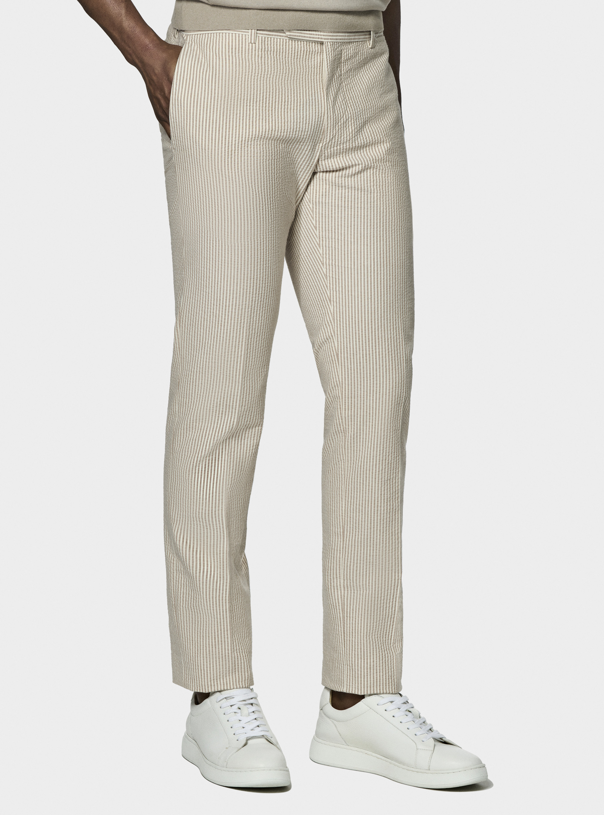 Seersucker trousers in striped cotton blend, SAND
