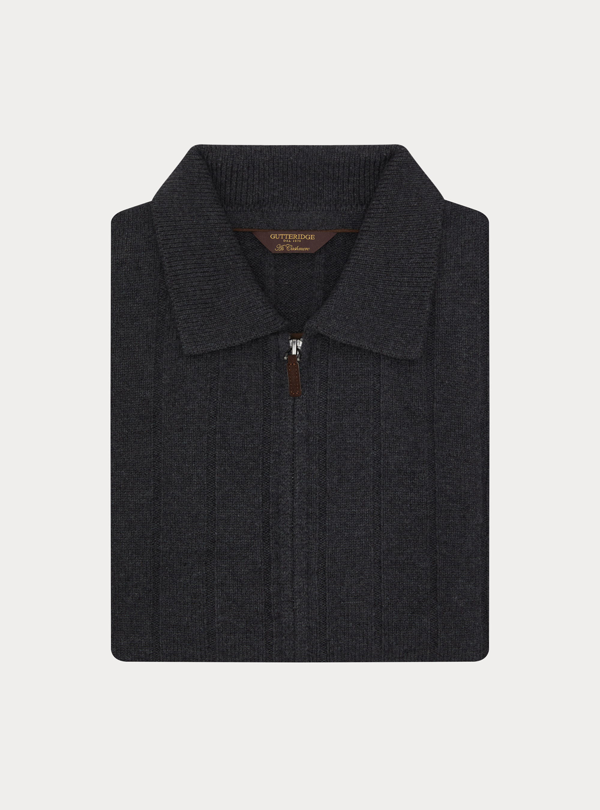Maglia full zip con colletto in lana e cashmere a costa piatta, ASFALTO