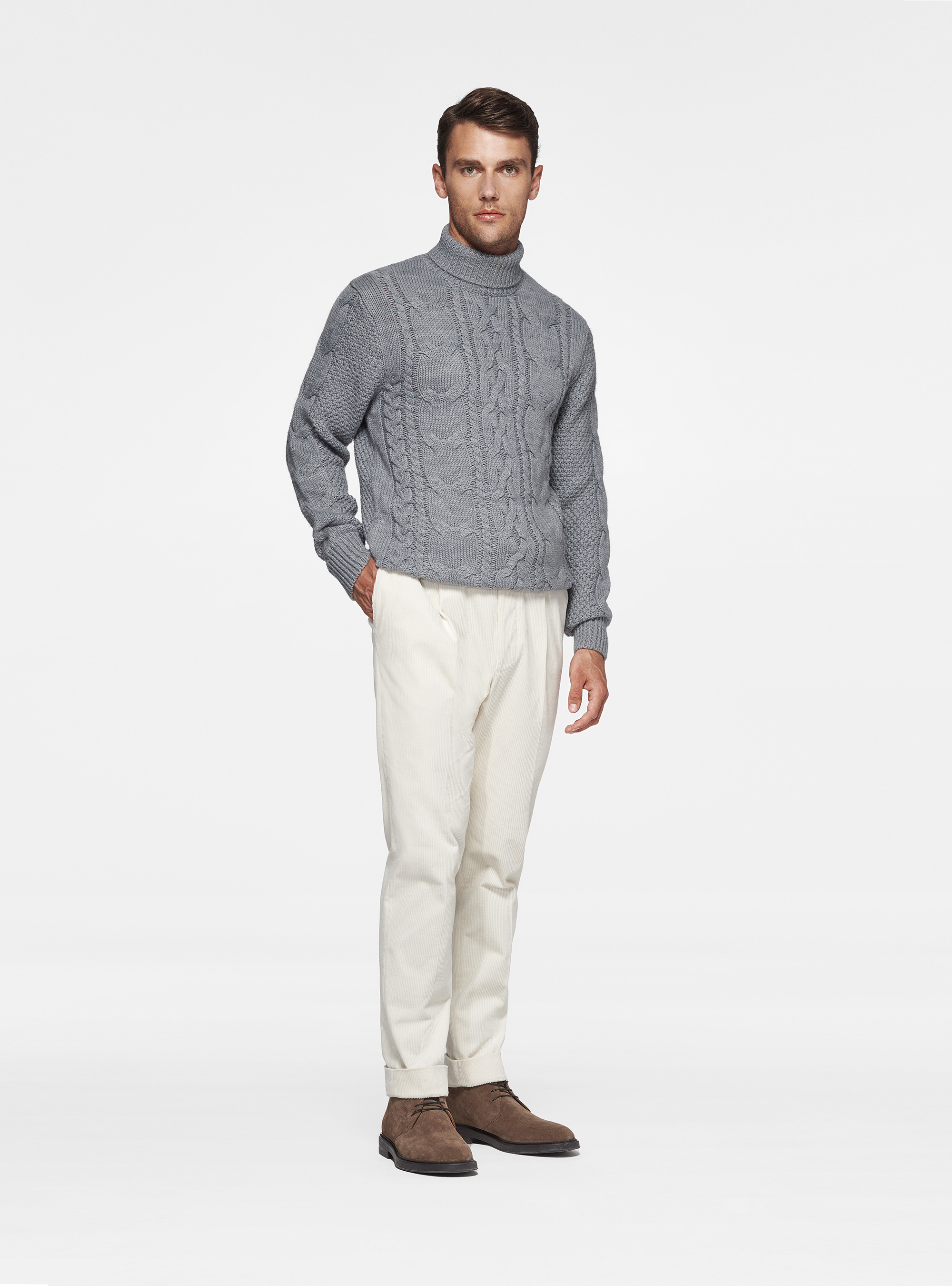 Wool-blend turtleneck sweater with braid, LIGHT GREY MELANGE