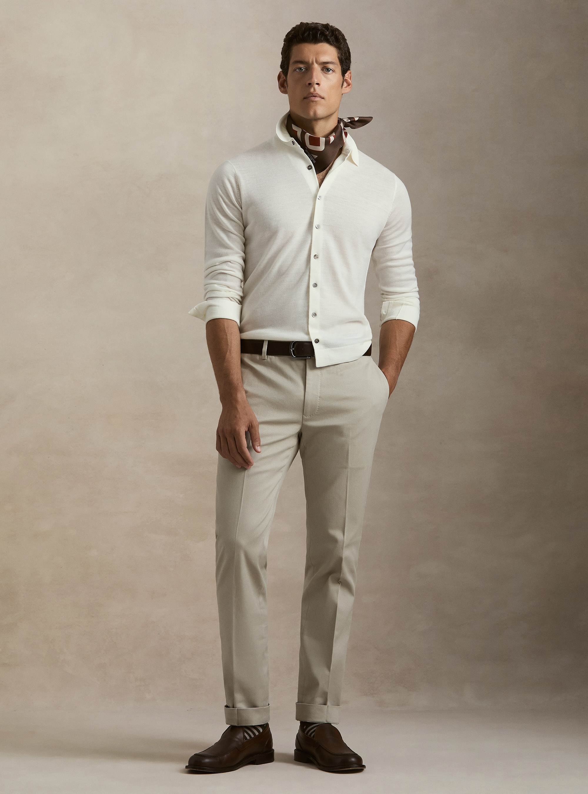 Long-sleeved extrafine merino wool knitted polo, WHITE