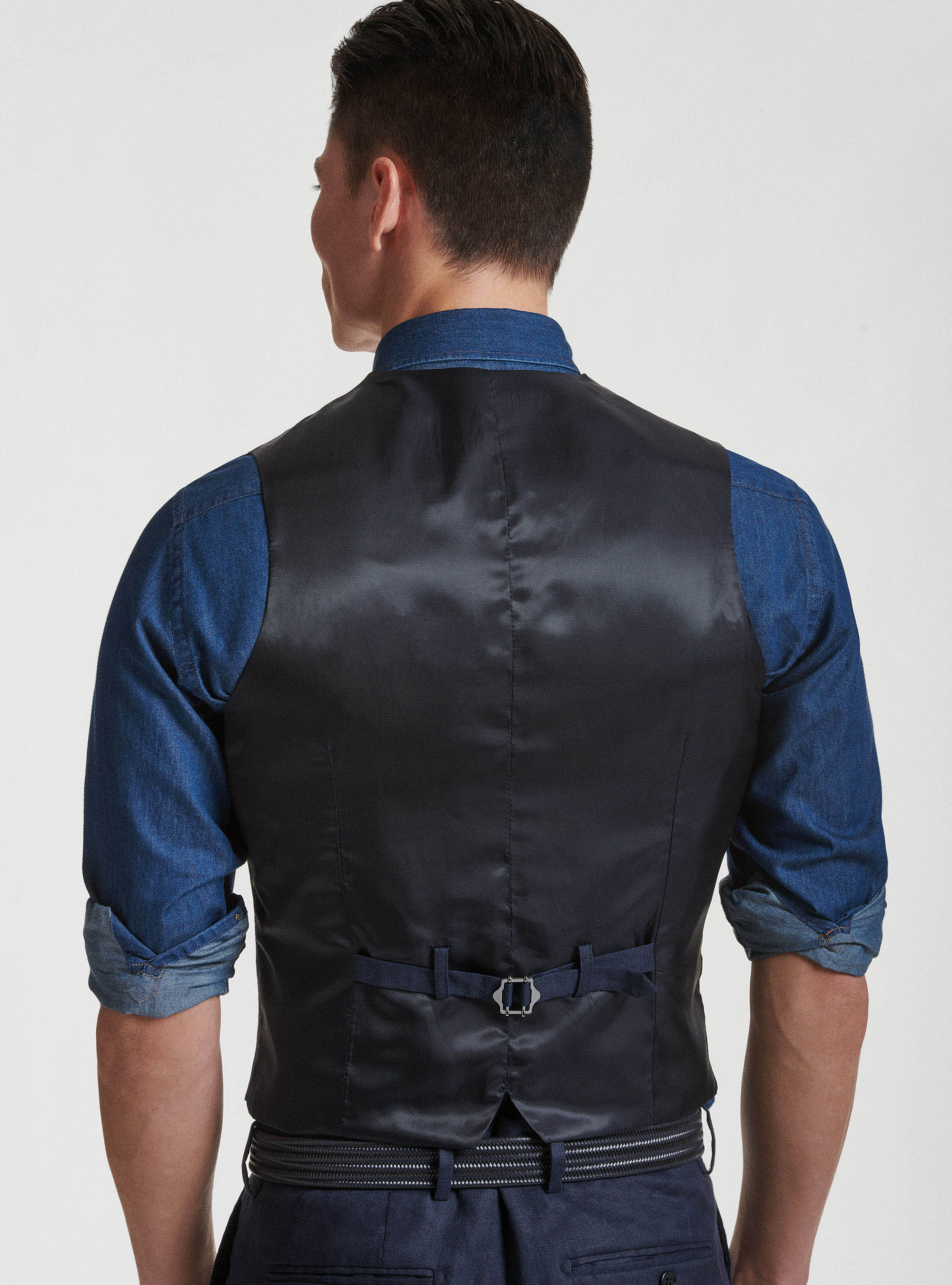 Pure linen single-breasted waistcoat with lapels, NAVY BLUE