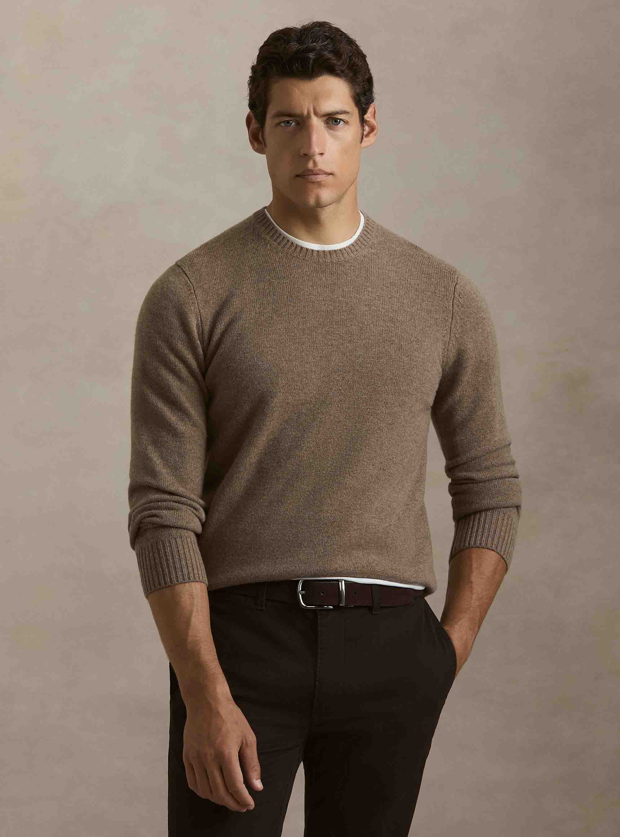 Maglia girocollo in misto lana e cashmere, FANGO