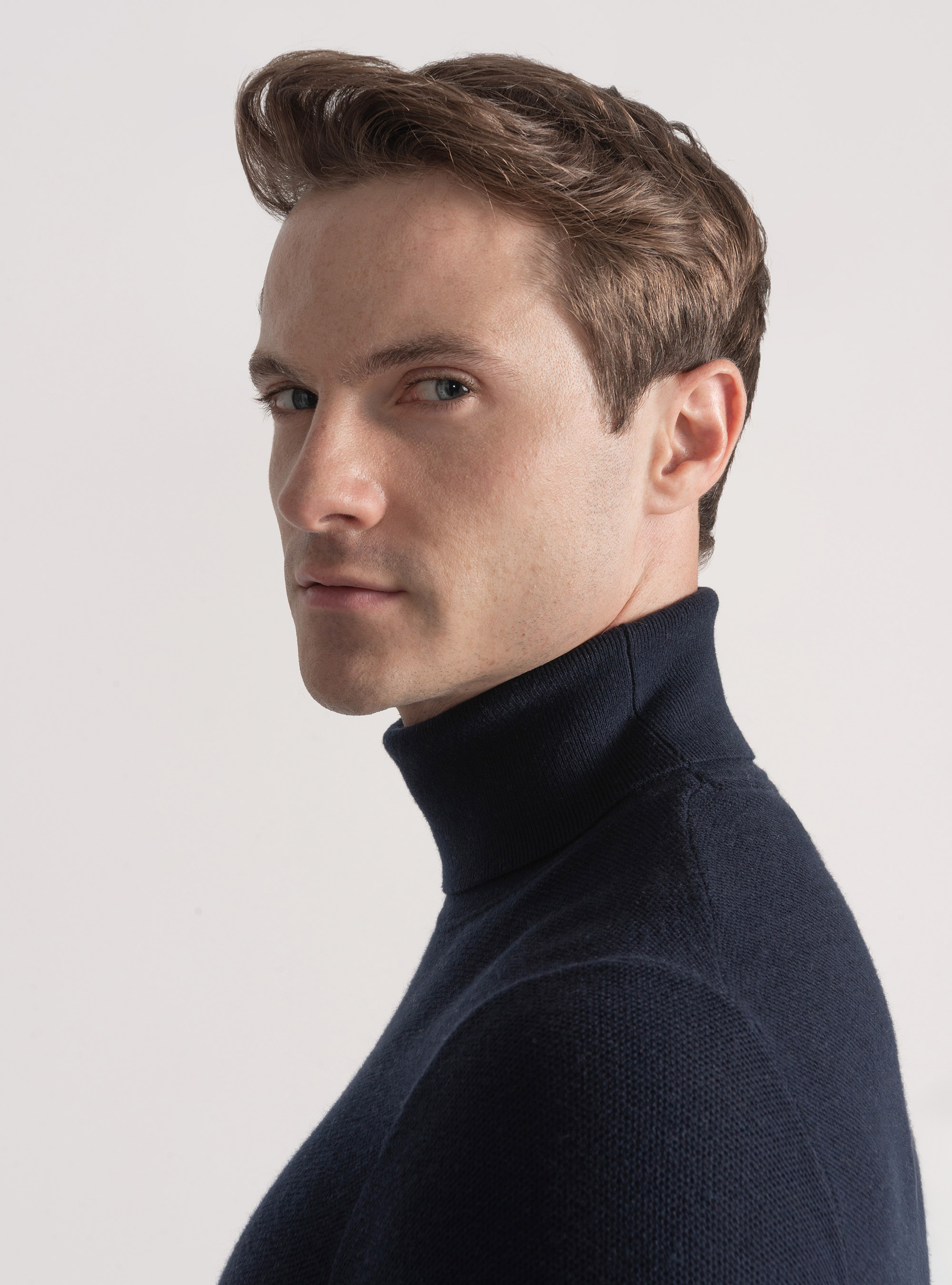 Rollkragenpullover mit Wabenmuster aus Baumwollkaschmir, NAVY 0218C