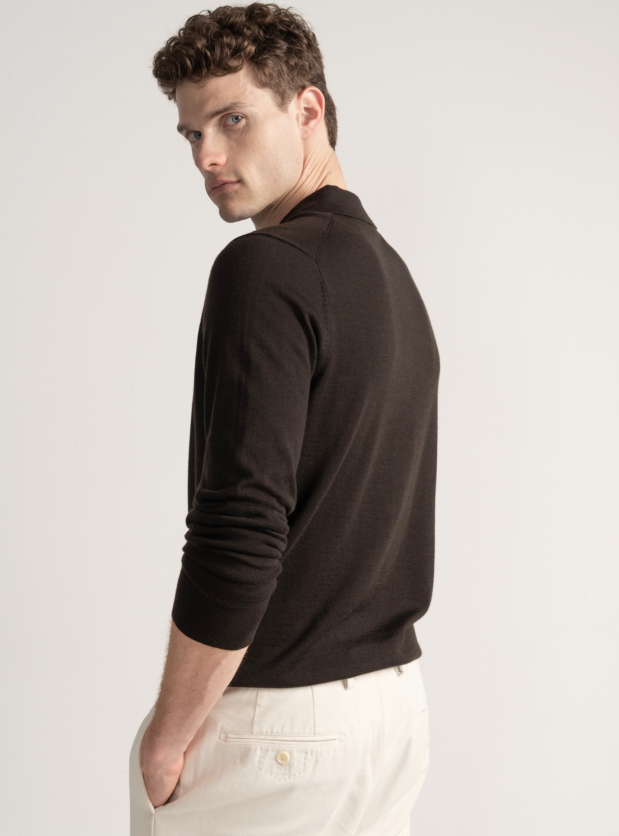 Extra-fine merino wool polo shirt, BROWN